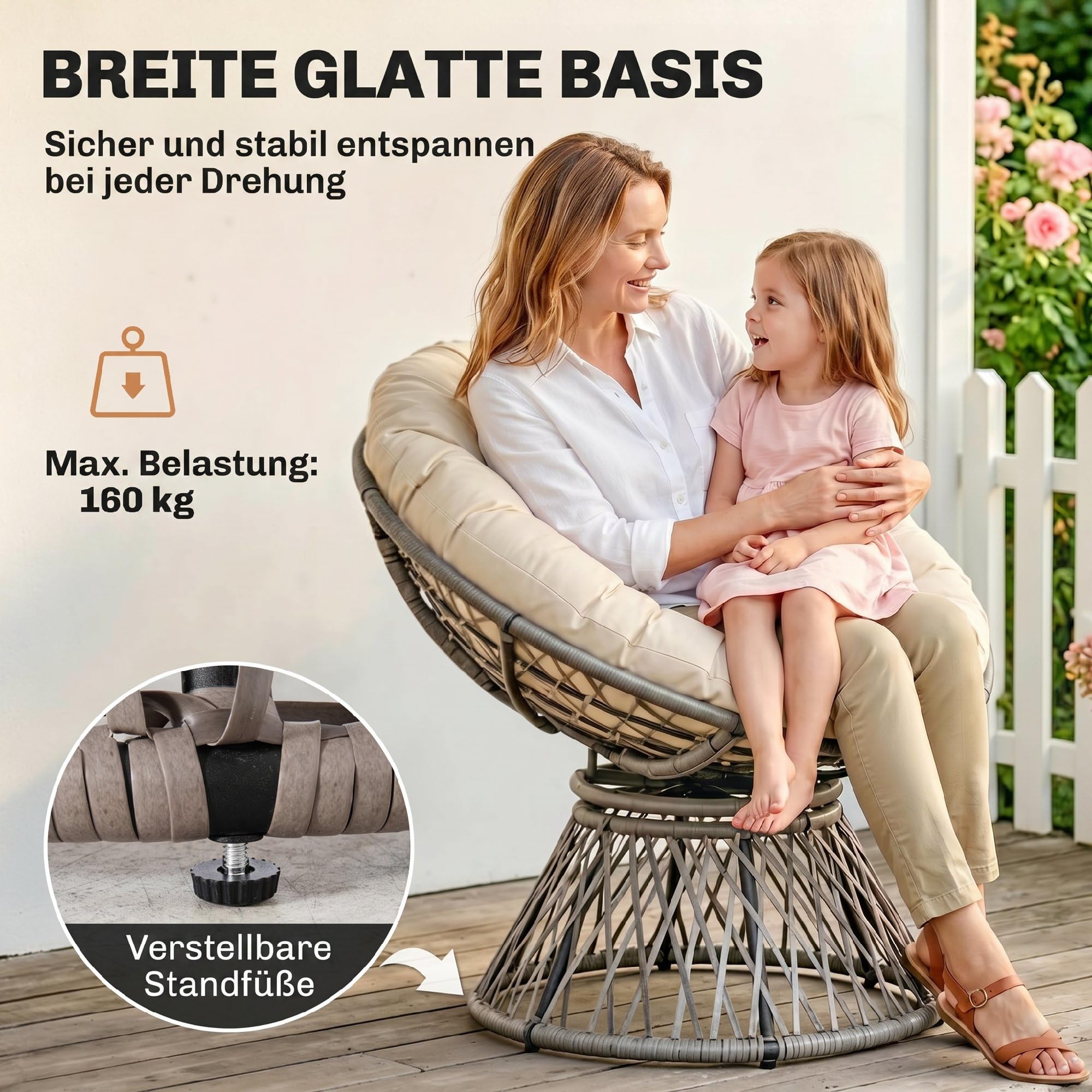 Outsunny Papasansessel Korbsessel Sessel mit Polster 360 Grad Rattan Beige B87 x T97 x H86 cm