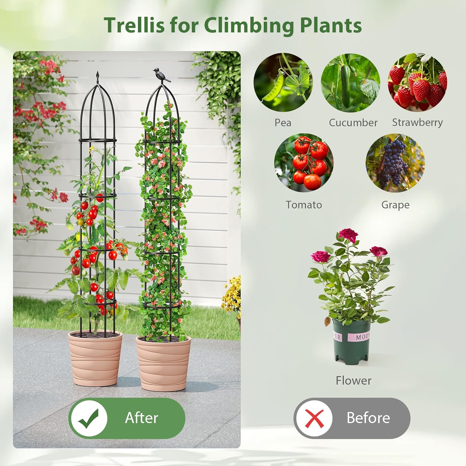 Garden Trellis for Climbing Plants, 78" Trellis Climbing Plant Support with Replaceable Heads, 2 Pieces Metal Tower Trellis for Potted Plants Climbing Vine Indoor & Outdoor