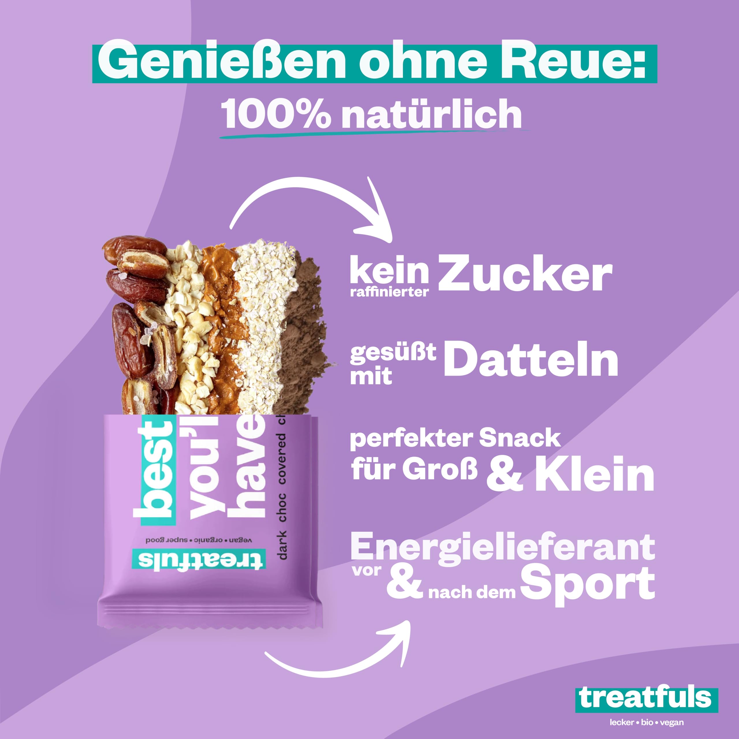 treatfuls vegane Schoko-Riegel - Probierbox - aus Datteln und Nüssen ballaststoffreich - 100% Natürlich & Fairtrade - glutenfrei - 16 x 40g