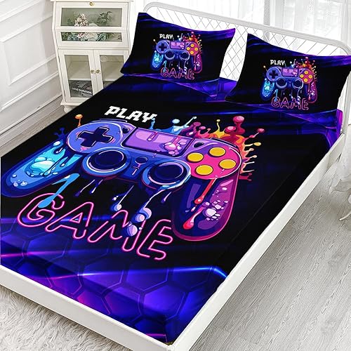 Miniatura 2 de AILONEN Juego de sábanas bajeras para gamer, tamaño individual XL, juego de sábanas para videojuegos, juego de sábanas de juegos hexagonales de
