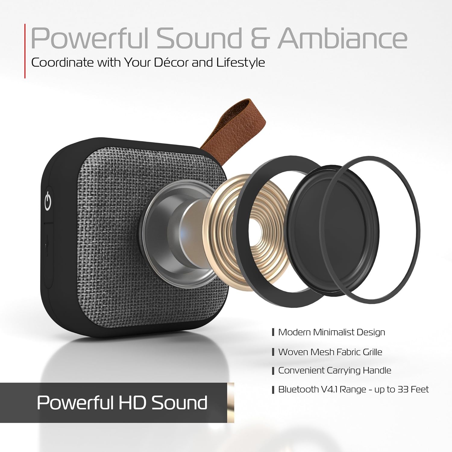 Exploded view of the Tzumi Studio Series Speaker showing internal components and key features.
