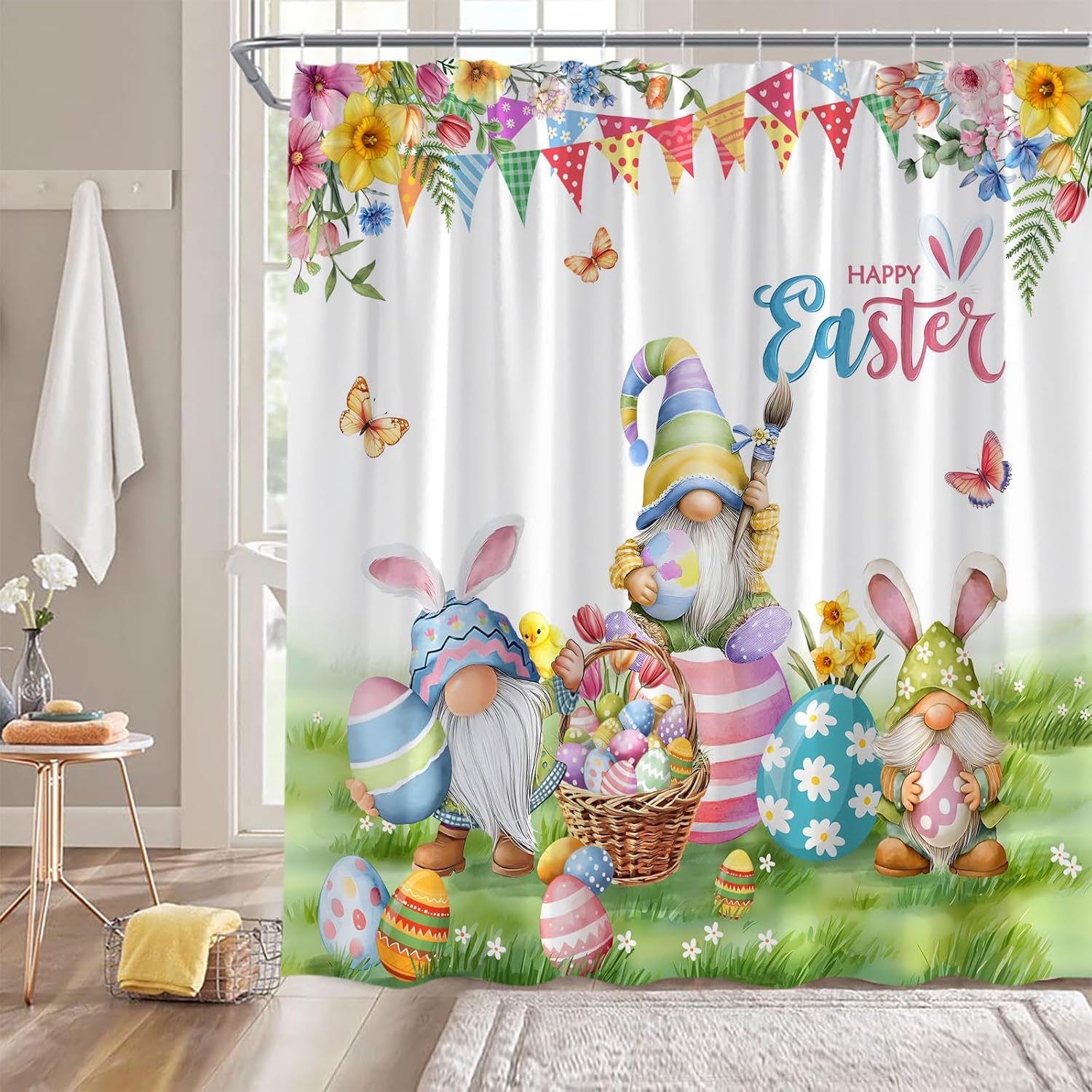 Easter Gnomes Shower Curtain Spring Bunny Eggs Floral Butterfly Farmhouse Garden Happy Easter 70" Wx84 H Fabric Bathroom Decor Curtain with Hooks