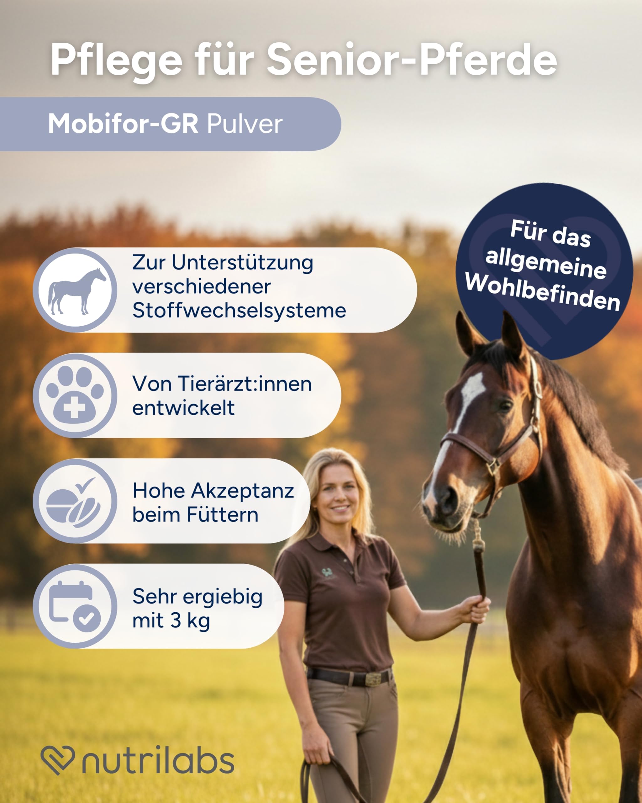 NutriLabs Mobifor®-GR Pulver für Senior-Pferde 3 kg - Nahrungsergänzung mit Ginkgo, Hefe, Bockshornklee usw. - MSM für Pferde - Ergänzungsmittel mit Glucosamin Pulver - Weißdorn Pferd