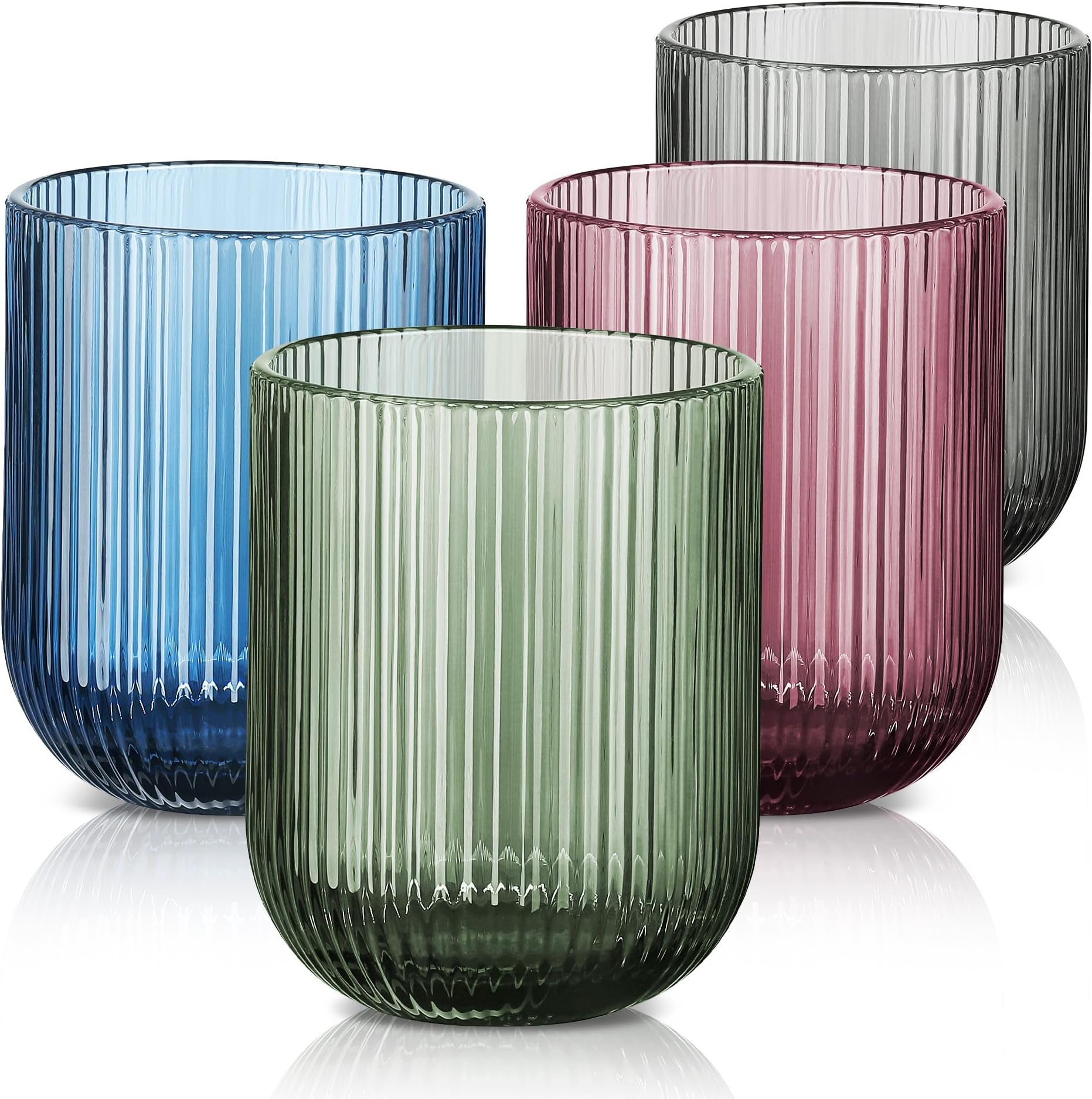 Joeyan Drinking Glasses Set of 4, 260ml/9oz Vintage Origami Style Water Glass Tumbler, Colored Ribbed Fluted Ripple Glassware Beverages Cup for Whisky, Cocktail, Beer, Juice, Tea, Wine