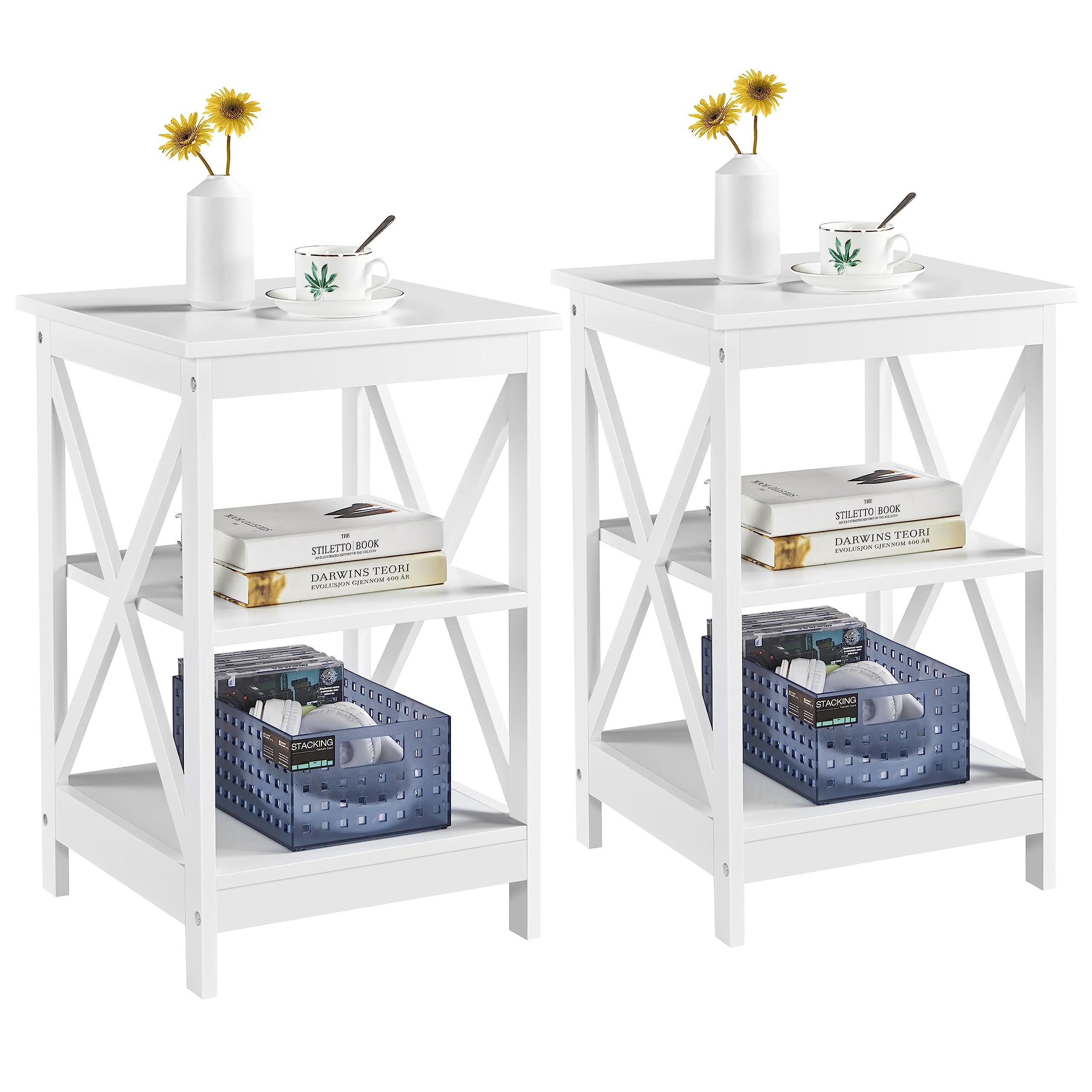 Yaheetech End Tables Set of 2, 3-Tier Side Tables with Storage for Living Room, Sturdy X Design Wooden Large Sofa Side Table Storage Cabinet with Shelves, 16x16x24’’(LxWxH), White