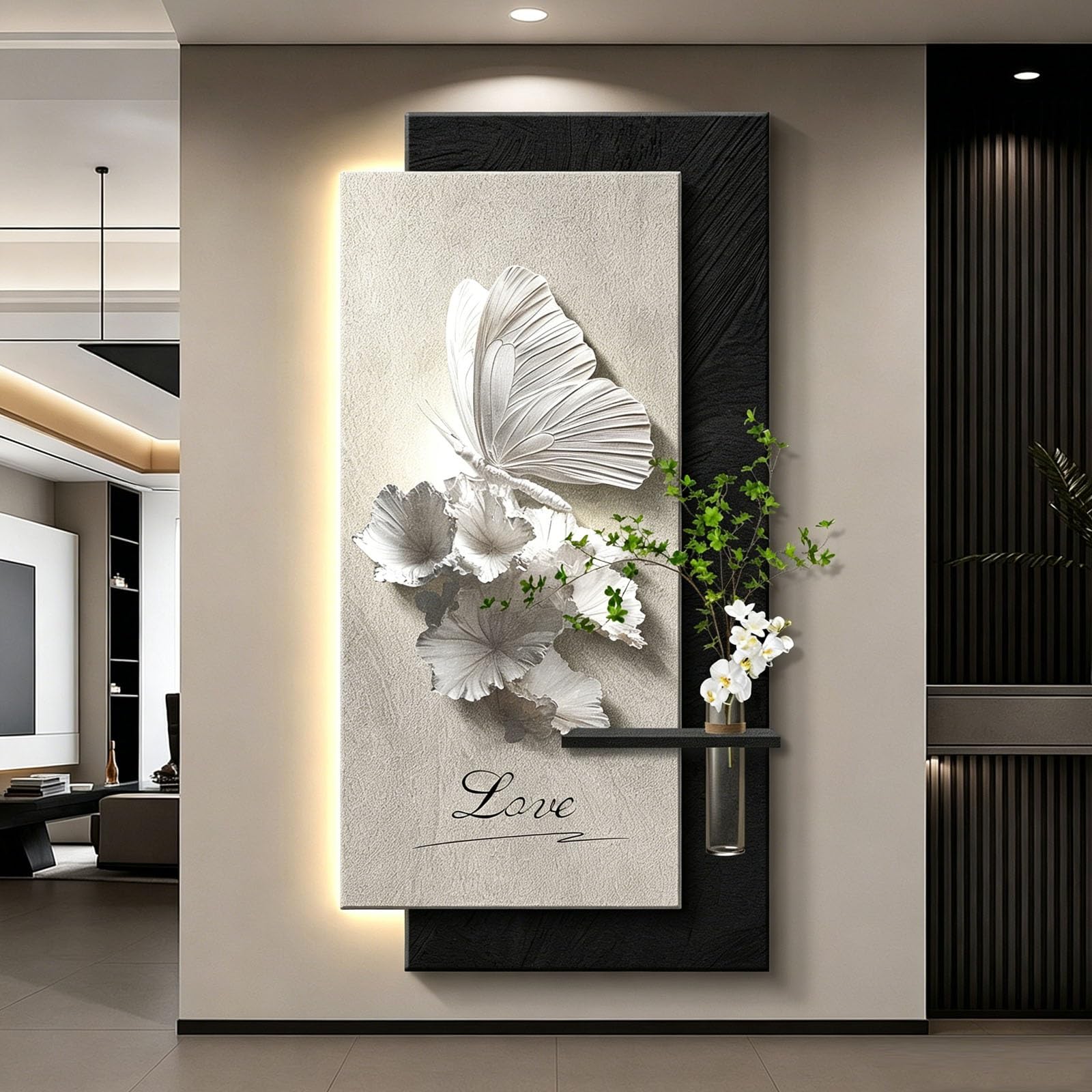 RASJCGRCOA 3D LED Wall Art Decor Lighted Butterfly Painting Modern Vertical Sandstone Texture Large Sculpture with Vase Shelf for Living Room Bedroom Hallway Entryway(B,23.6 * 47.2IN/60 * 120CM)