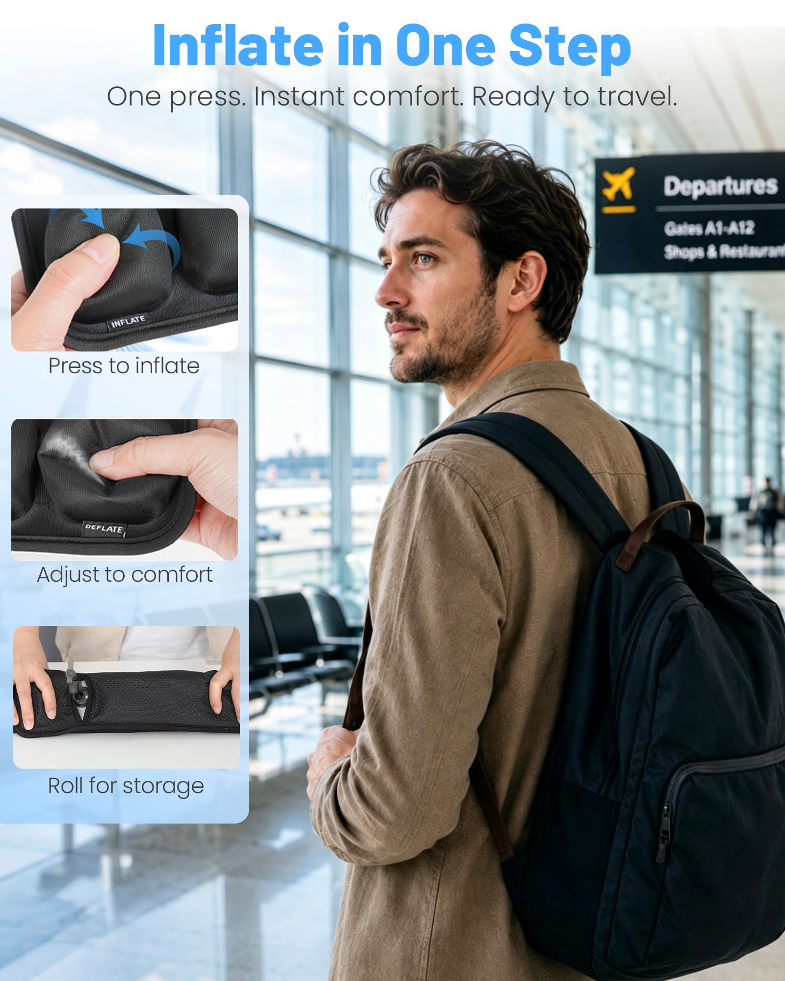 LeMotech Cuscino da viaggio per aereo, portatile e regolabile, supporto ergonomico confortevole, cuscino gonfiabile ad aria con fondo antiscivolo per lunghi voli, ufficio, campeggio, sedia a rotelle