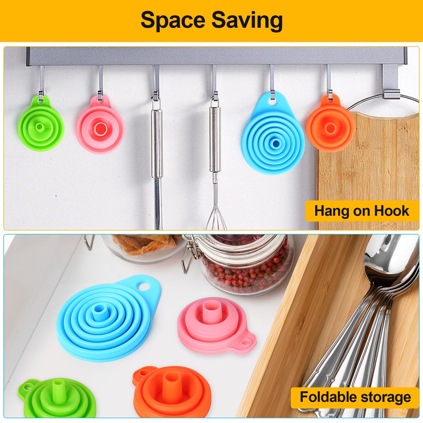 Collapsible Silicone Funnel - Foldable Kitchen Funnel For Cooking, Baking & Liquids