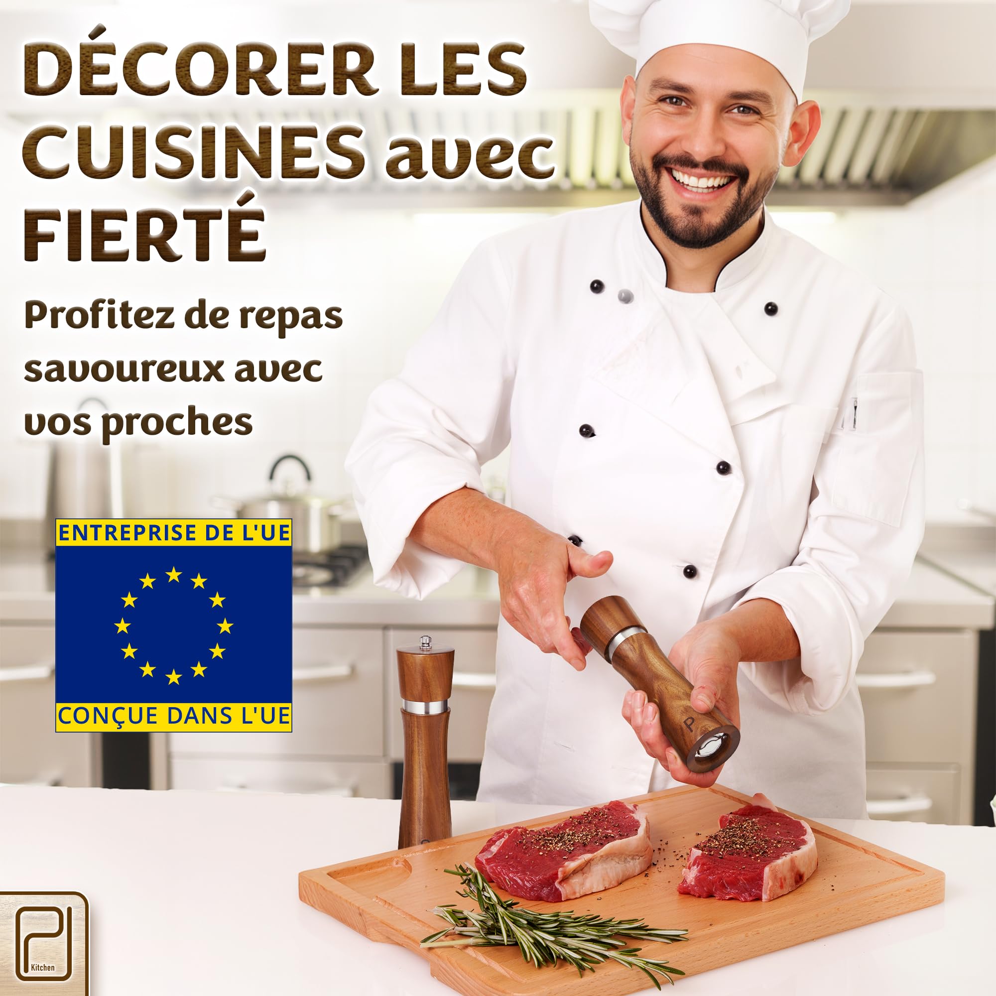 PJC-Kitchen Ensemble de Moulins à Sel et Poivre en Bois d’Acacia avec Plateau - 60 g