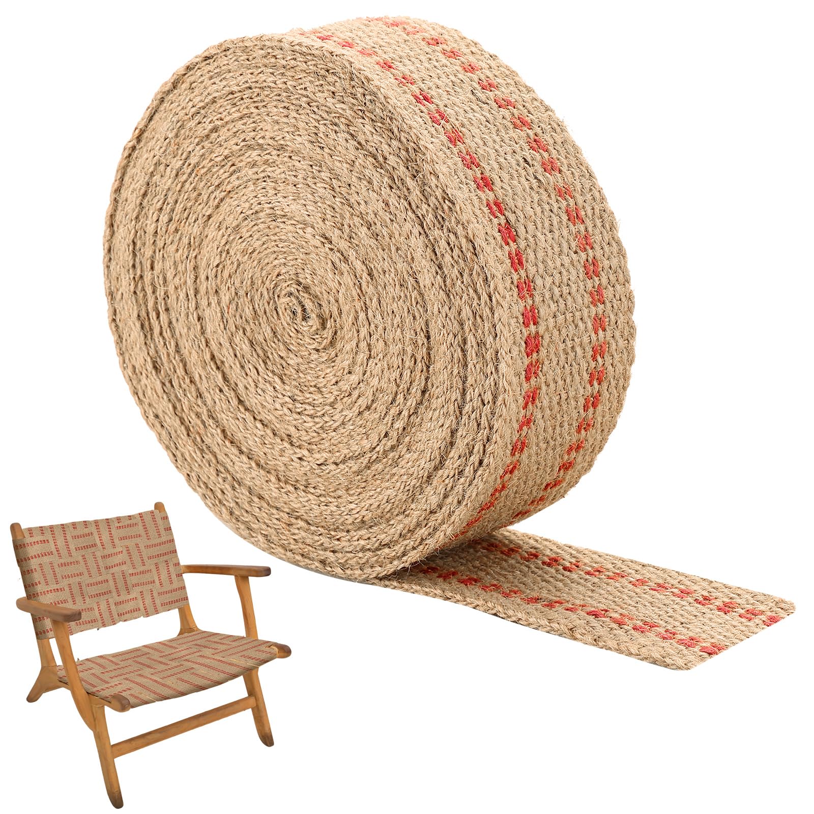 NATGAI Jute Webbing Tape, 2 Inch (5 cm) Wide Natural Burlap Webbing Roll with Red Line, 10 Yards (9.1 m) Upholstery Ribbon for Chair Repair, Furniture Restoration and DIY Crafts