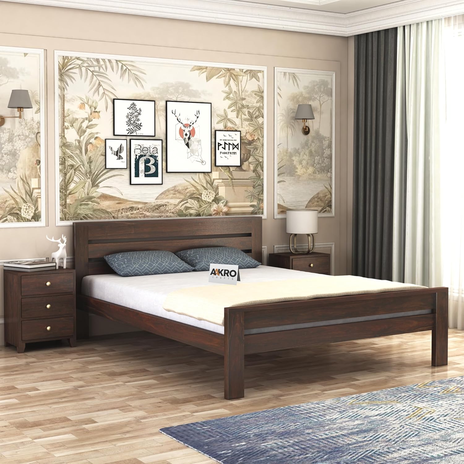 AAKROCRAFTS Furniture Sheesham Wood Queen Size Bed Without Storage Solid Wood Cot Palang Wooden Double Bed for Bedroom Living Room (Walnut Finish) – 1 Year Warranty