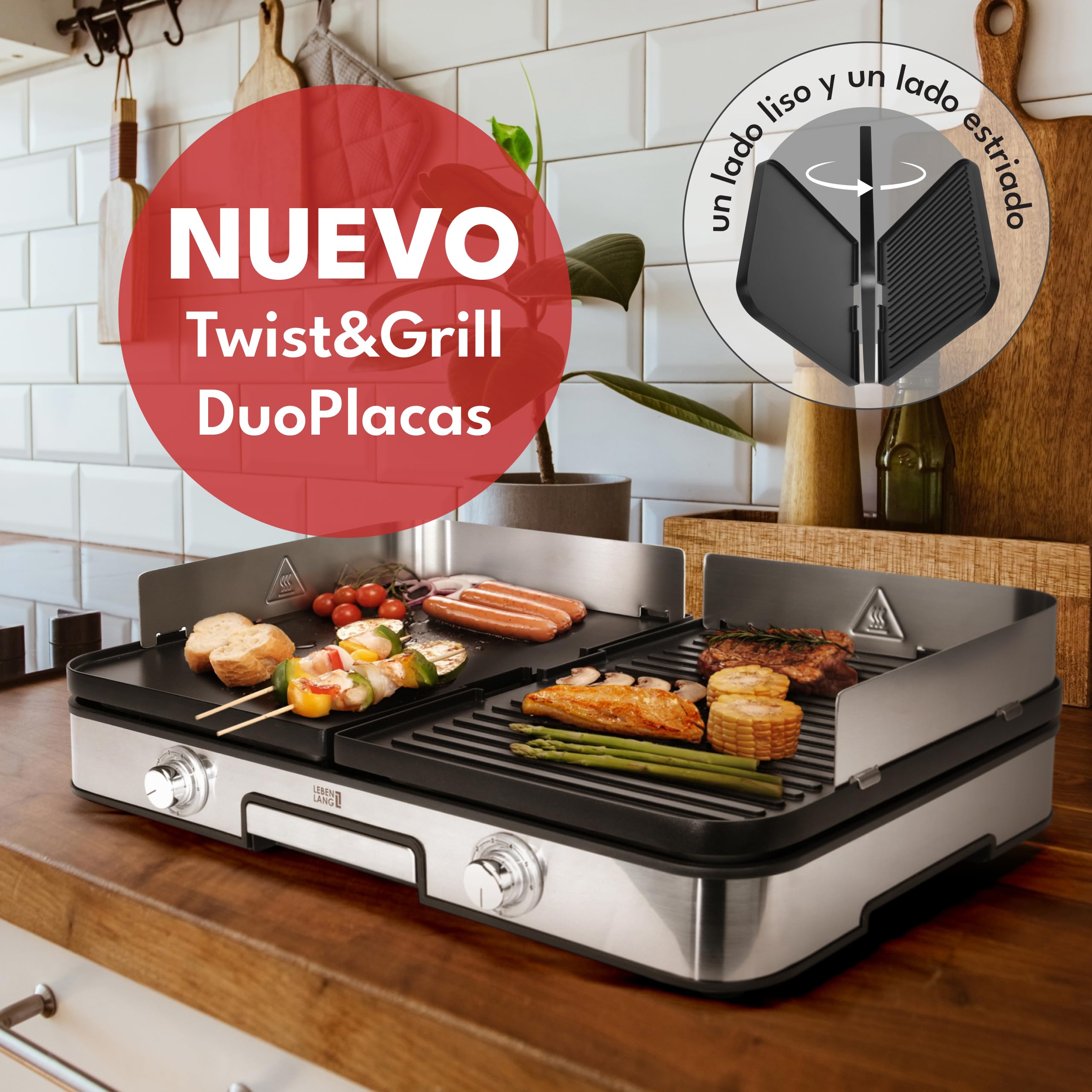 LEBENLANG 2400W Plancha Cocina - Incl. Pinzas para barbacoa & Protector contra salpicaduras I 48x30cm Para interior y exterior I Plancha electrica para cocinar Grelhador electrico Plancha de asar xxl