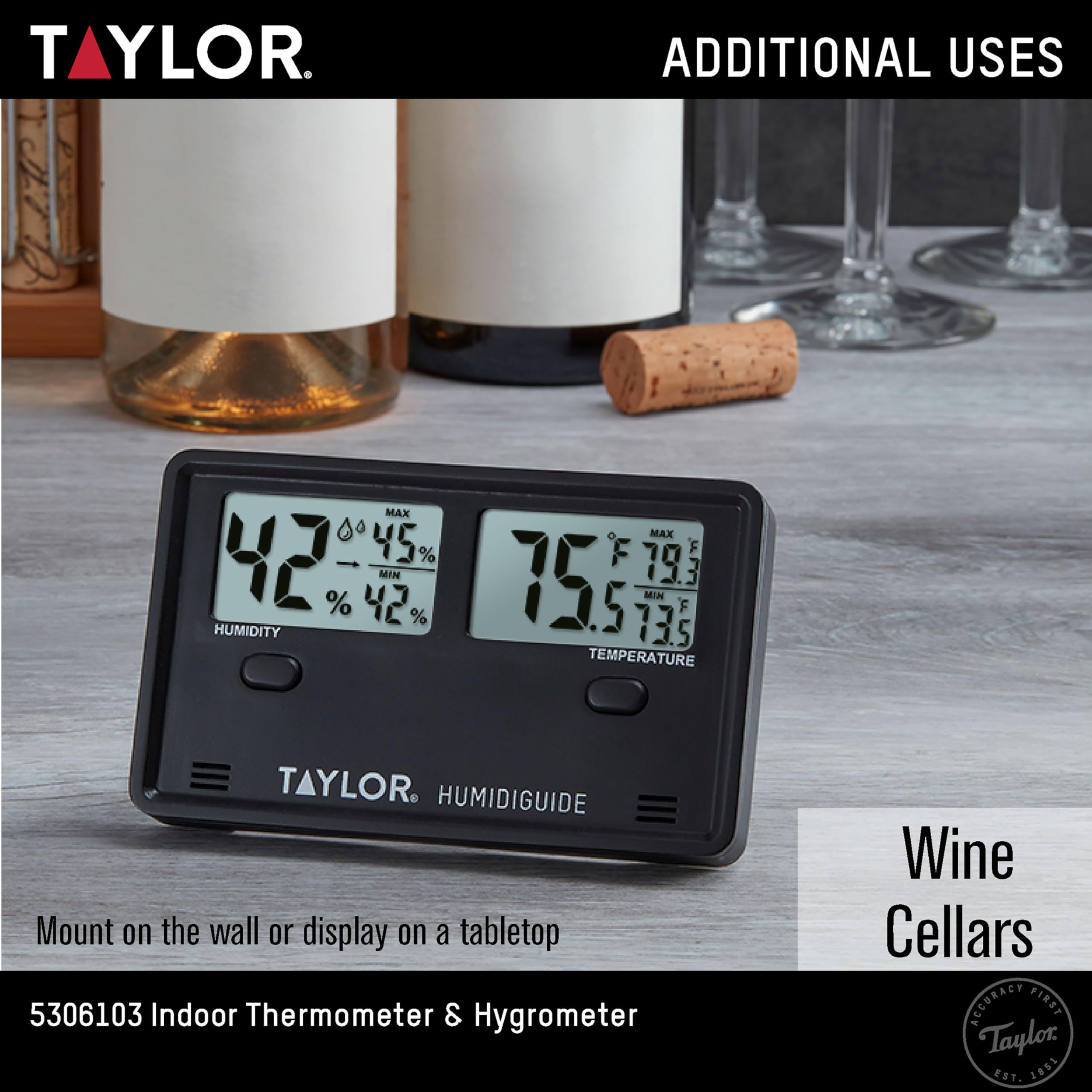 Taylor Termómetro e higrómetro digital inalámbrico para interiores y exteriores, pantalla dual para temperatura y humedad, fácil de leer para el hogar, oficina, invernadero, guardería y áreas