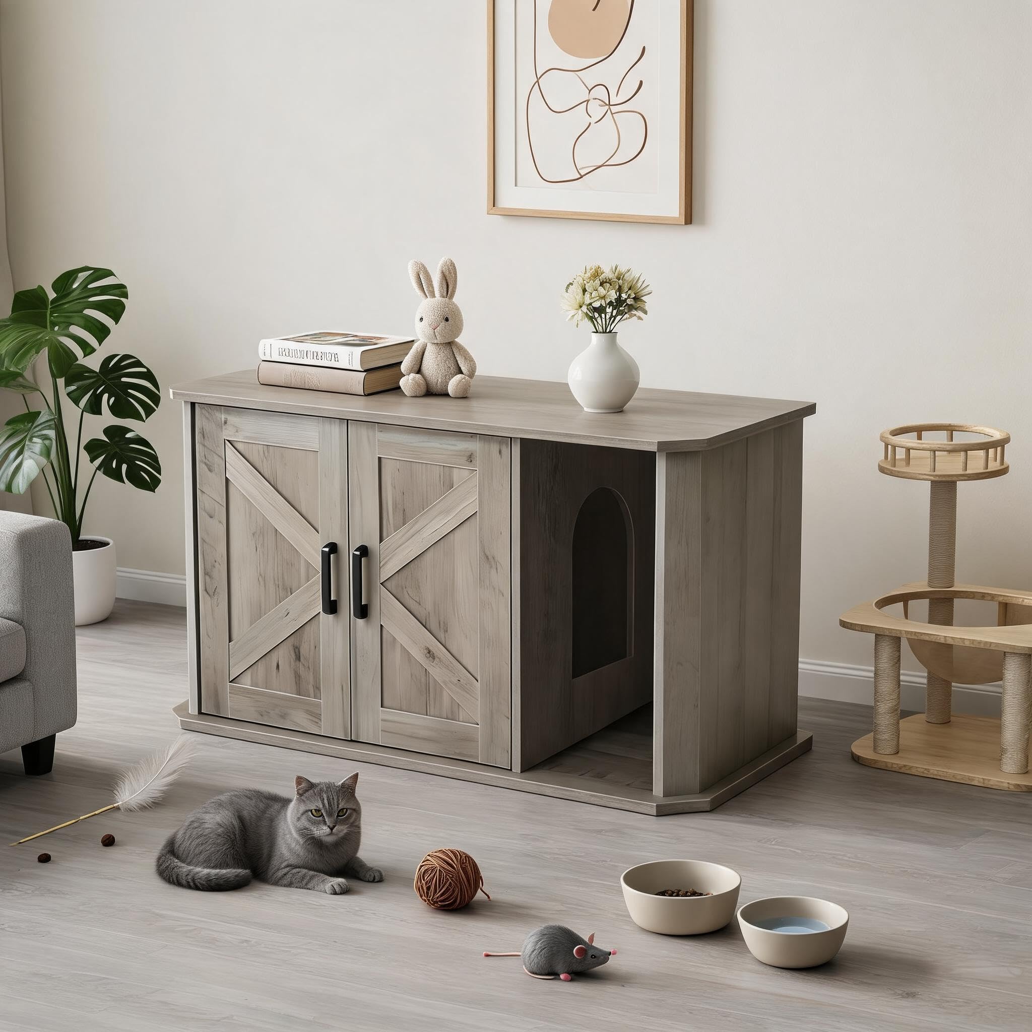 Katzenklo Schrank, Katzentoilettenmöbel, 2 Türen mit Seiteneingang | 85 x 49 x 50 cm, PB-Spanplatte, pflegeleicht, verstecktes Katzenklo, für kleine Räume, 3 Farben: Weiß, Weiß+Braun, Grau