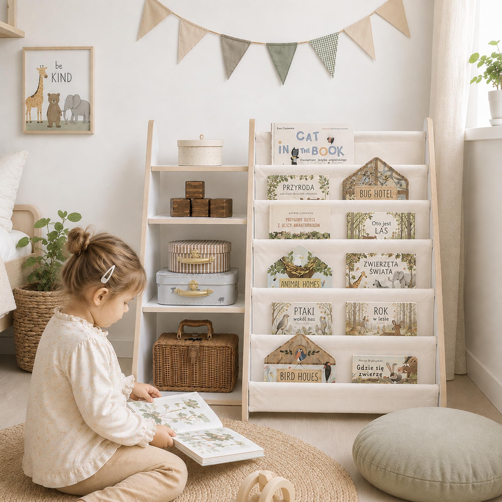 MAMOI Scaffale per libri e giocattoli per bambini, funzionale 2 in 1, organizer con ripiani e borse in tessuto, biblioteca per bambini, mobili in stile Montessori, 100% ecologico, prodotto nell'Unione