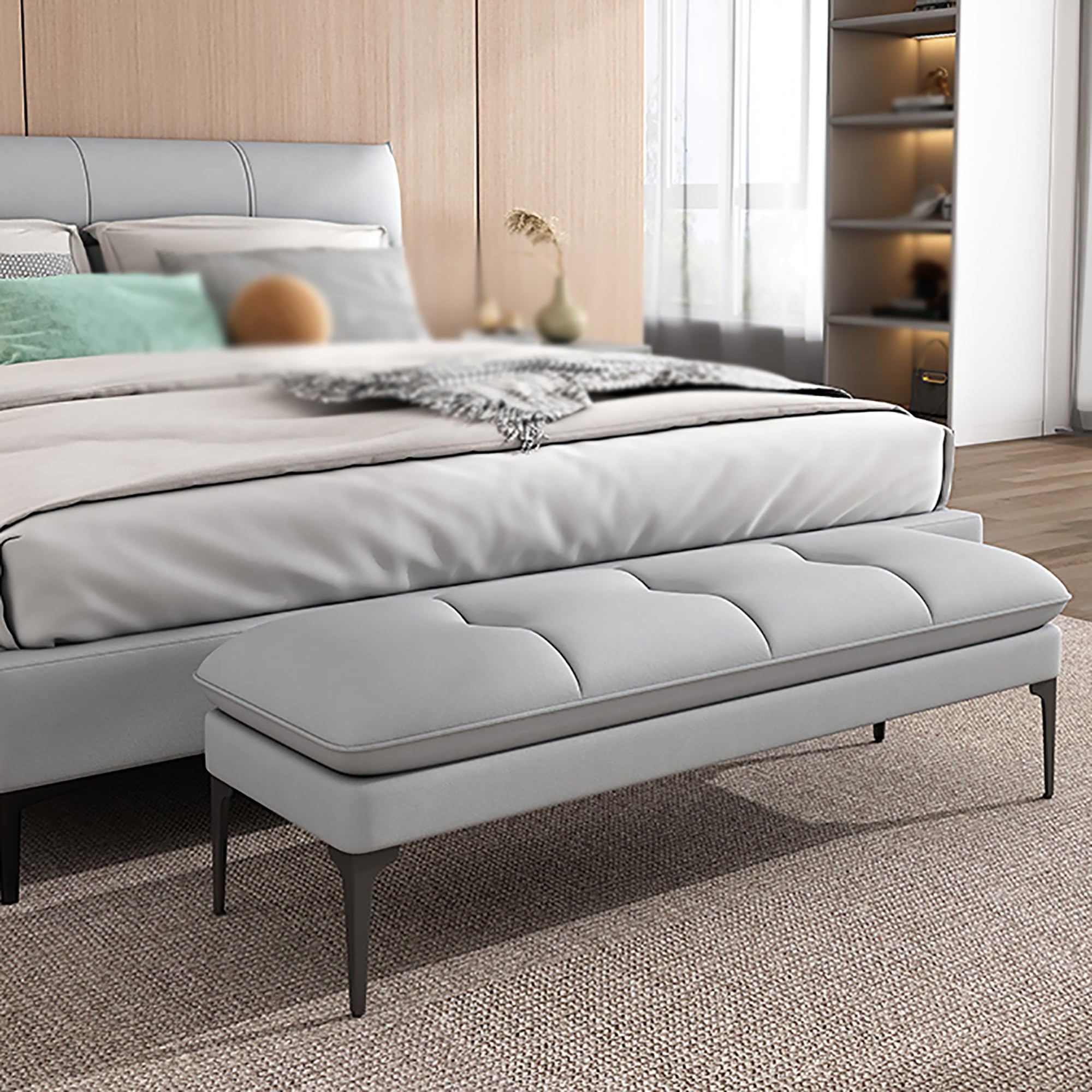 Banc ottoman en tissu touffeté et bois d'hévéa pour entrée