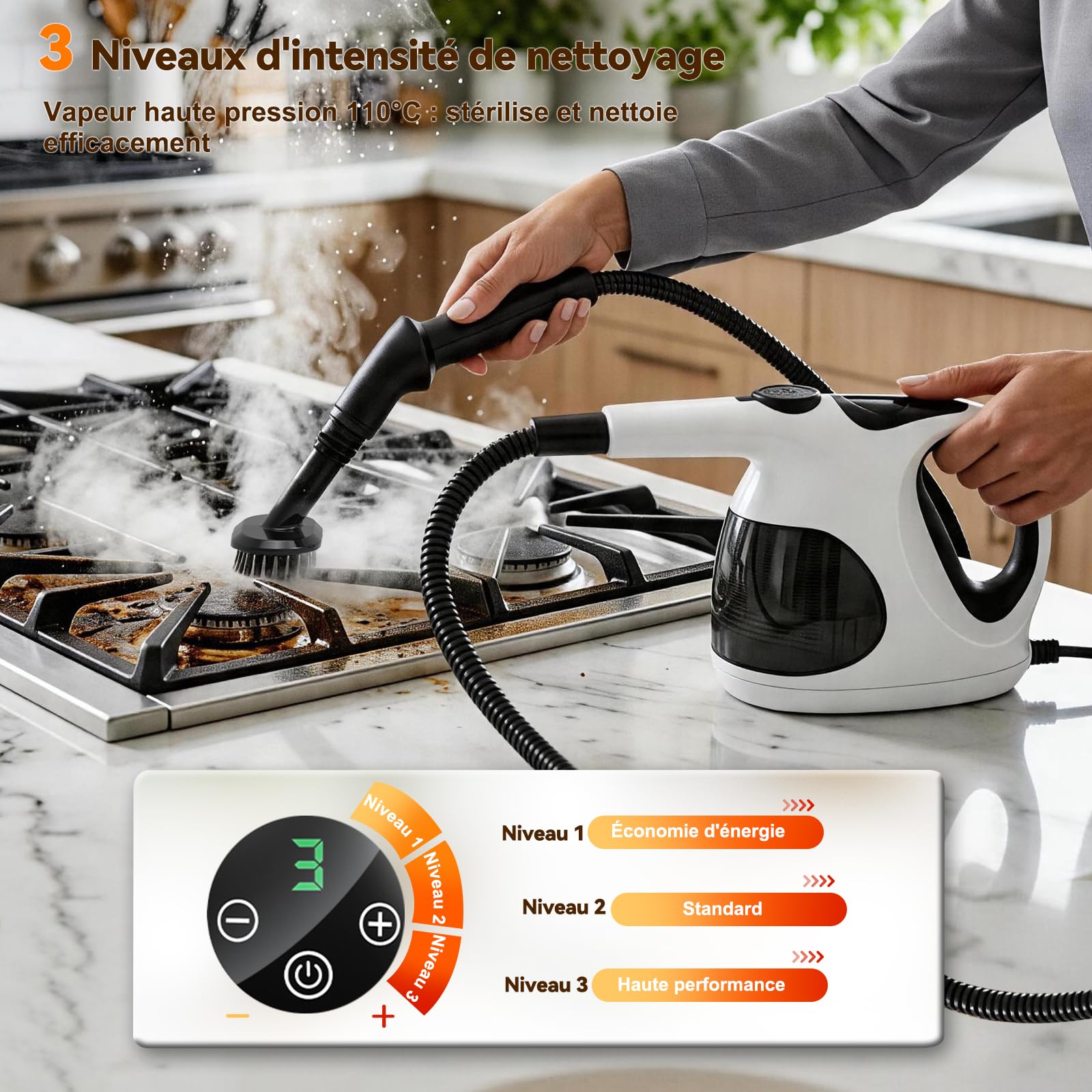 Nettoyeur Vapeur à Main 5S Chauffe Rapide, Steam Cleaner Poids Optimisé (Seulement 0.92 kg), 400ML Réservoir Transparent (Remplissage Facile),avec 10 Accessoires