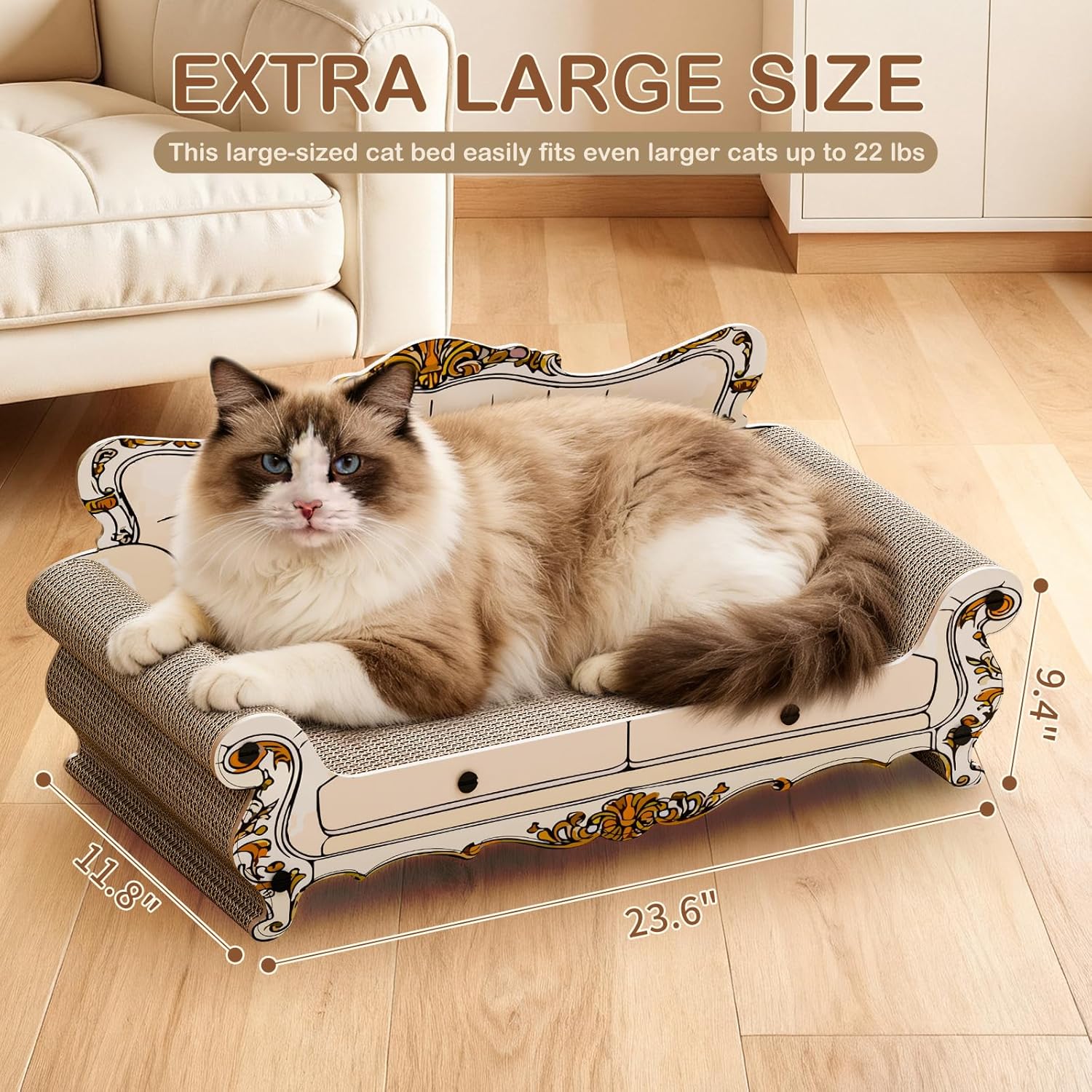 Cat Scratcher Bed,Sofa-Shaped Cat Scratcher Couch, Large Luxury Durable Cardboard Sofa Scratcher Pad Furniture Protector for Indoor Cats Scrach,Rest and Play,23.6 Inches,Beige