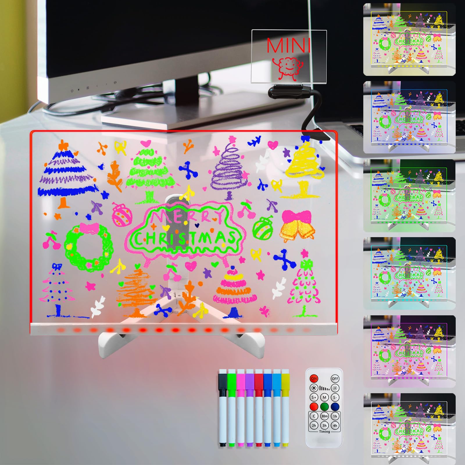 Tableau Effaçable à Sec En Acrylique, Tableau Lumineux Message LED 40 X 30 Cm Led Message Board 4 Modes & 6 Colorés, Tablette Lumineuse Dessin Avec 7 Stylos Colorés, Chaîne, Support