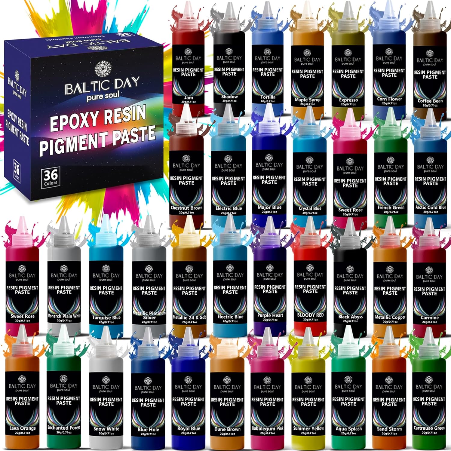 BALTIC DAY 36 Colors Epoxy Resin Pigment Paste Set – 20g Each, Highly Concentrated Opaque Resin Dye for Epoxy, Deep Pour, Casting, Jewelry, Coasters, Tumblers & Resin Art