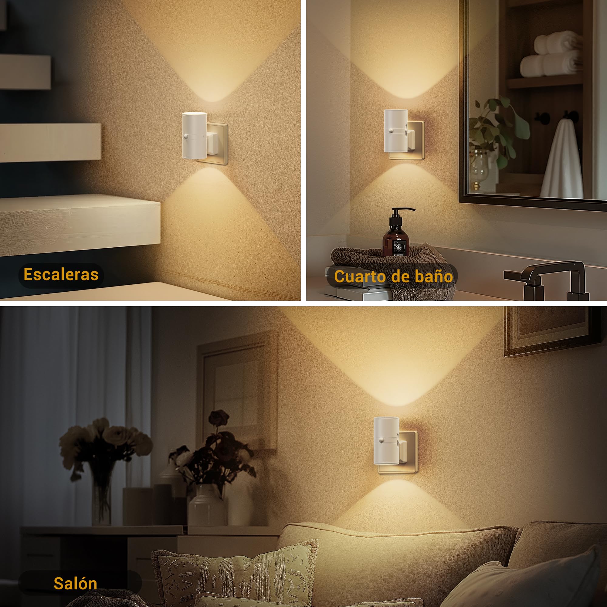 JandCase Luz Nocturna con Sensor de Movimiento, Luz Nocturna Enchufe Brillo Ajustable 0-100 lm, 3 Modos (ON/AUTO/OFF), Luce de Noche Infantil 3000K Blanco Cálido, Lampara Noche Enchufe para Pasillos