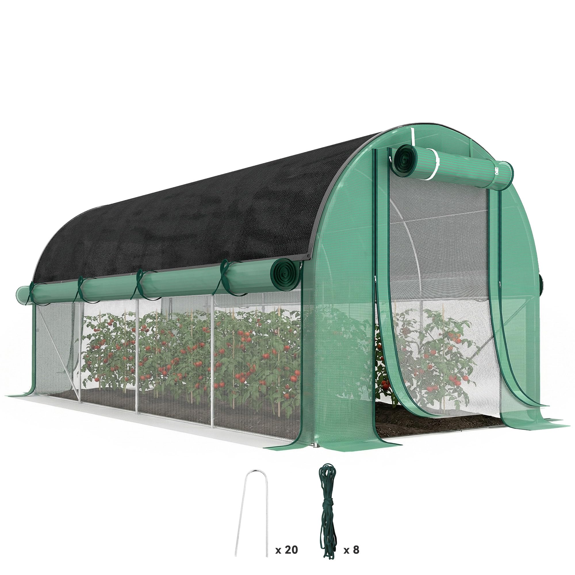 Outsunny Invernadero de Exterior 4,5x2x2 m con Cubierta Extra Túnel Verde | Paredes Laterales Enrollables, 8 Ventanas de Malla, Doble Puerta Enrollable, para Jardín Patio