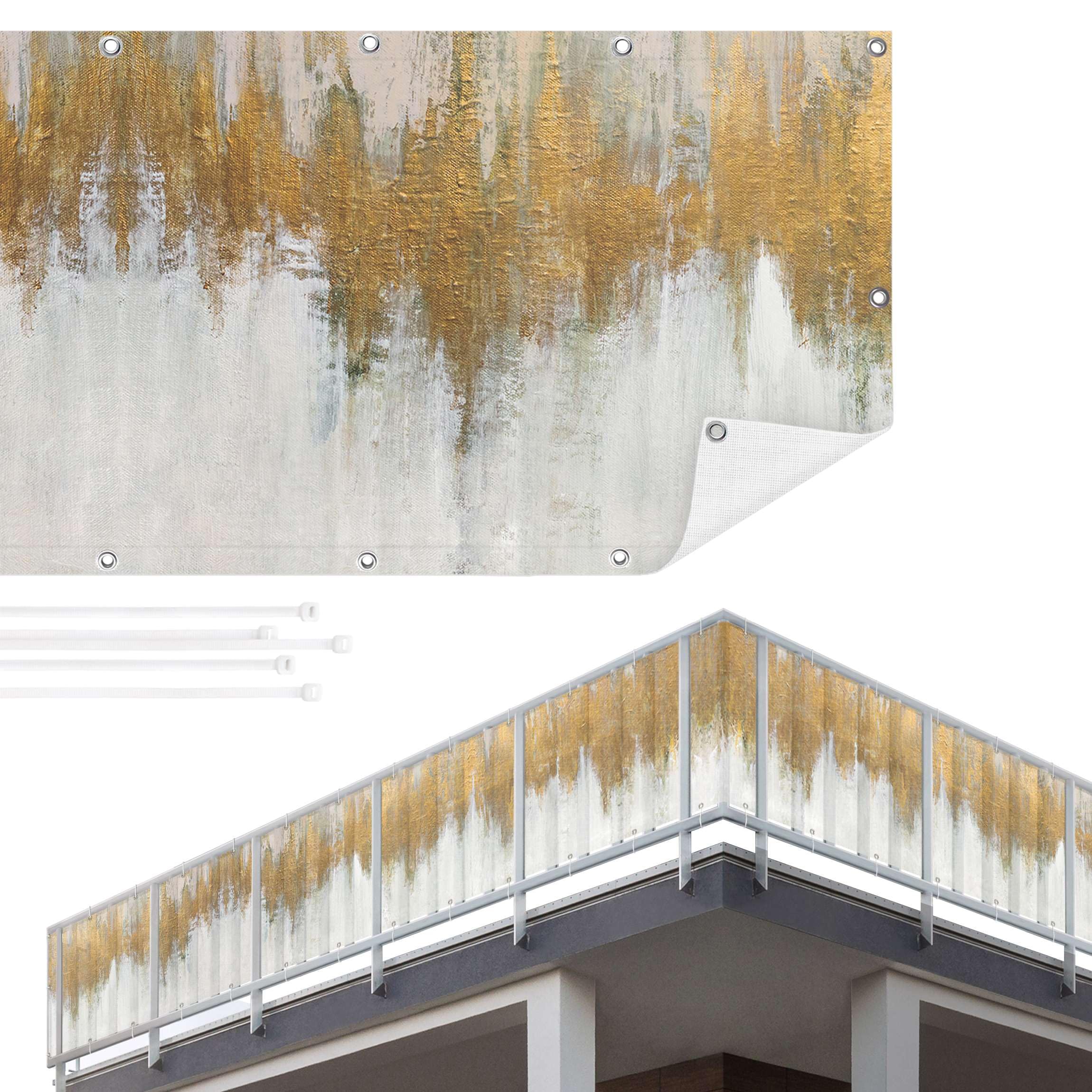 Balkon Sichtschutz Muster 90 x 300 cm inkl. Kabelbinder Wetterfest Blickschutz Balkonverkleidung Balkonbespannung Sonnenschutz Balkongeländer Windschutz Terrasse Garten Deko Ideen Gold TEXBS_1000