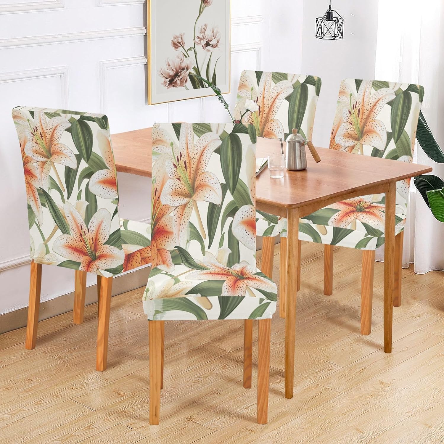 ALAZA Chair Covers for Dining Room, Beautiful Lily Summer Flowers Stretch Chair Cover Sets Chair Protector Removable Washable for Ktichen Restaurant Hotel
