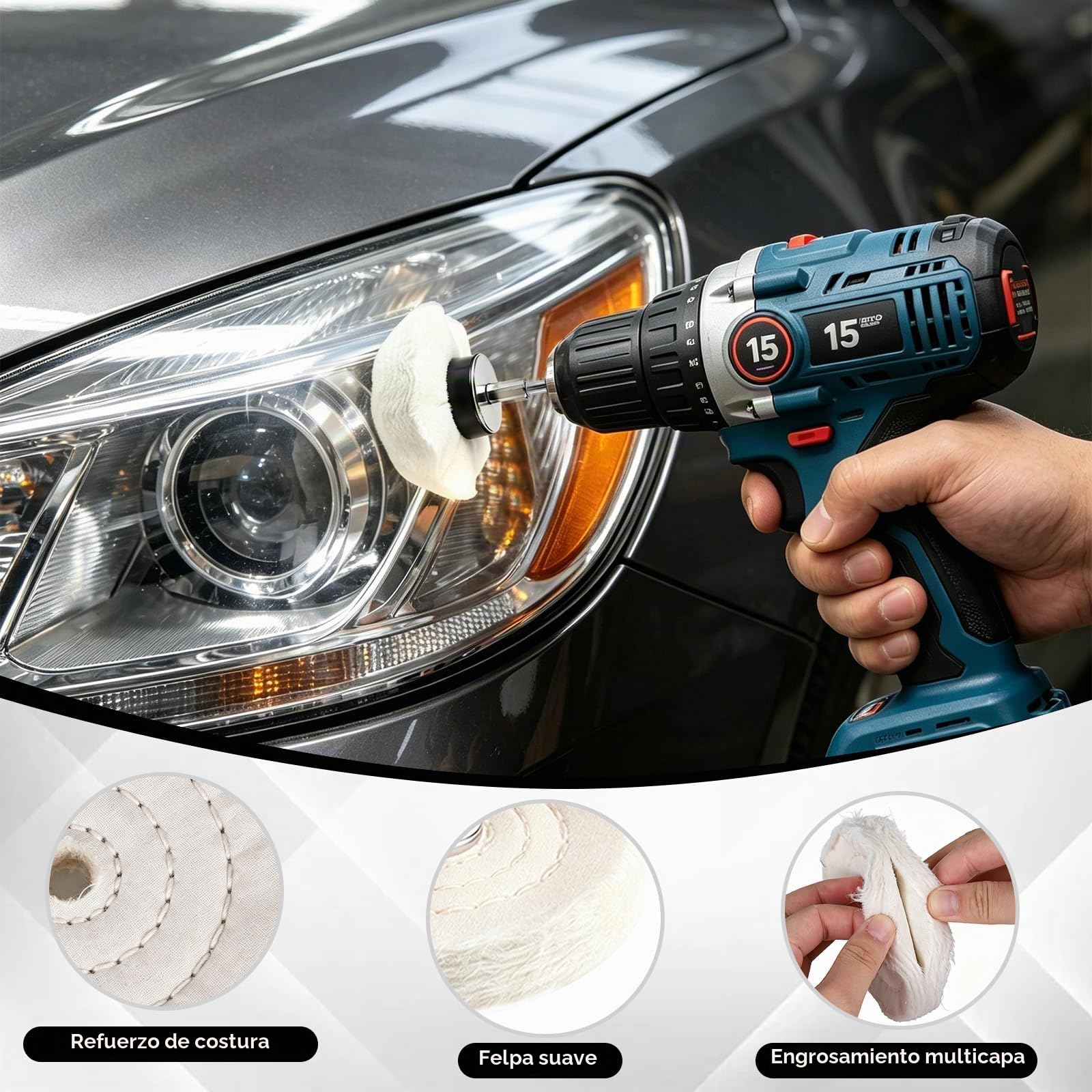 EFUTURETIME 13 Piezas Kit Disco de Pulir para Taladro, Kit Pulido Ruedas con Discos Pulidores y Pasta Abrasiva para Pulido Cromo Moto, Barniz Faros Coche, Limpia Llantas, Metal, Aluminio, Llantas