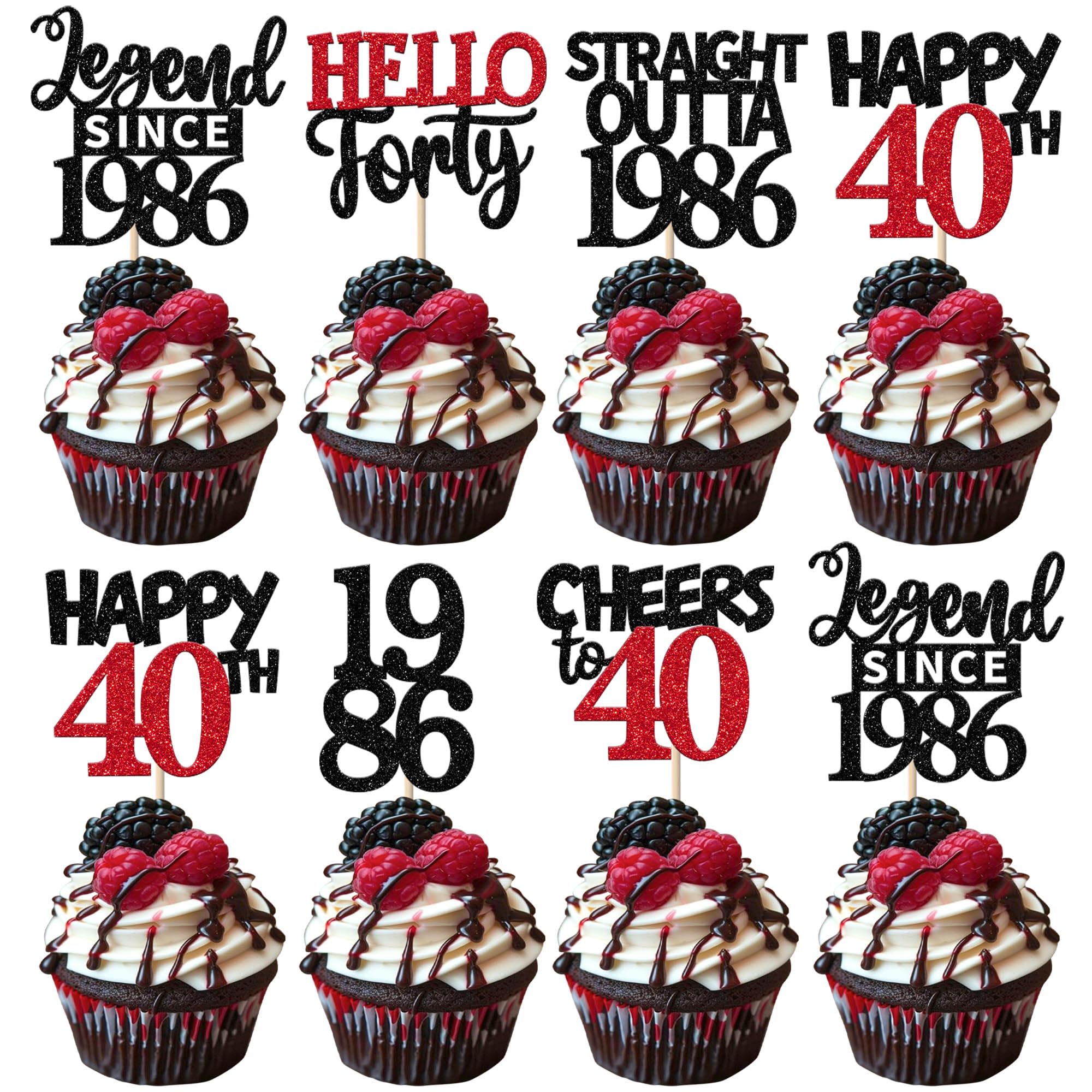 Xsstarmi 24 Pack 40th Birthday Cupcake toppers Black Red Glitter Straight Outta 1986 Cupcake Picks for Hello forty Legend Since 1986 Birthday Party Cake Decorations Supplies