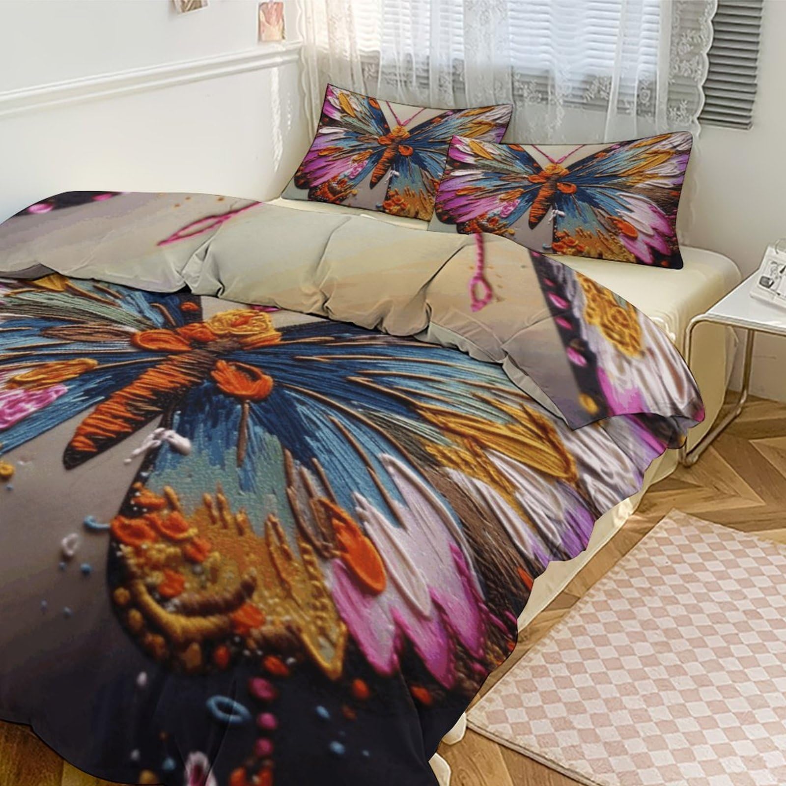 Couette pour grand lit à broderie papillon : parure de lit 3 pièces hôtel et maison
