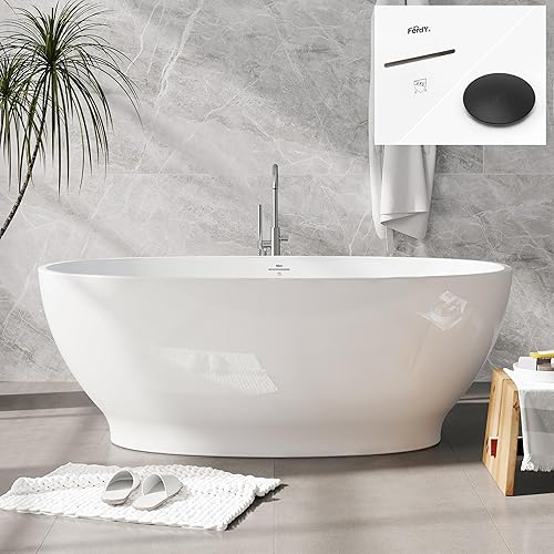 Miniatura 66 de FerdY Bali - Bañera de acrílico independiente, bañera de inmersión independiente con forma graciosa, certificado CUPC blanco brillante, drenaje