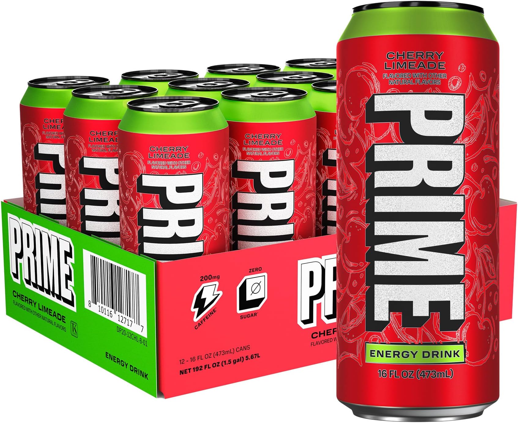 PRIME Energy CHERRY LIMEADE, Zero Sugar Energy Drink, 200mg Caffeine and 355mg of Electrolytes for Hydration, Vegan, Gluten Free,16 Fluid Ounce, 12 Pack