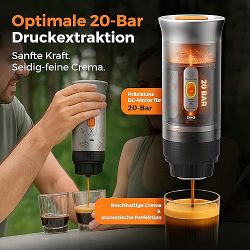 Miniatura 4 de Máquina de café espresso portátil, cafetera de viaje 3 en 1 con autocalentamiento, funciona con pilas, 20 bares, máquina de café espresso portátil