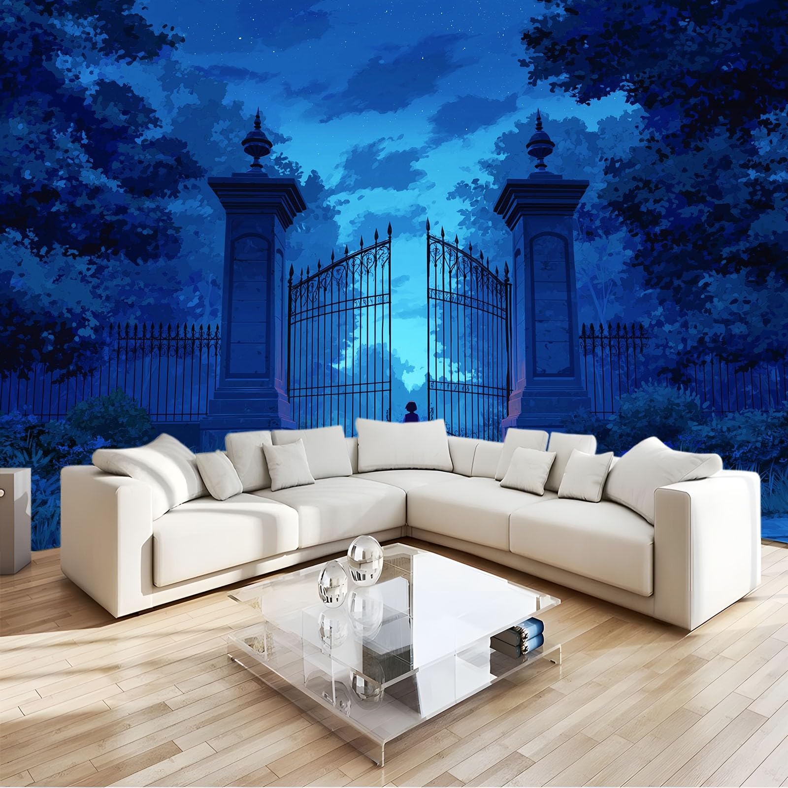 Générique Panoramiczna tapeta animacja las magia filar drzwi 200 x 140 cm wysokiej jakości gobelin ścienny z włókniny - dekoracja ścienna, do pokoju dziecięcego i biura niebieska