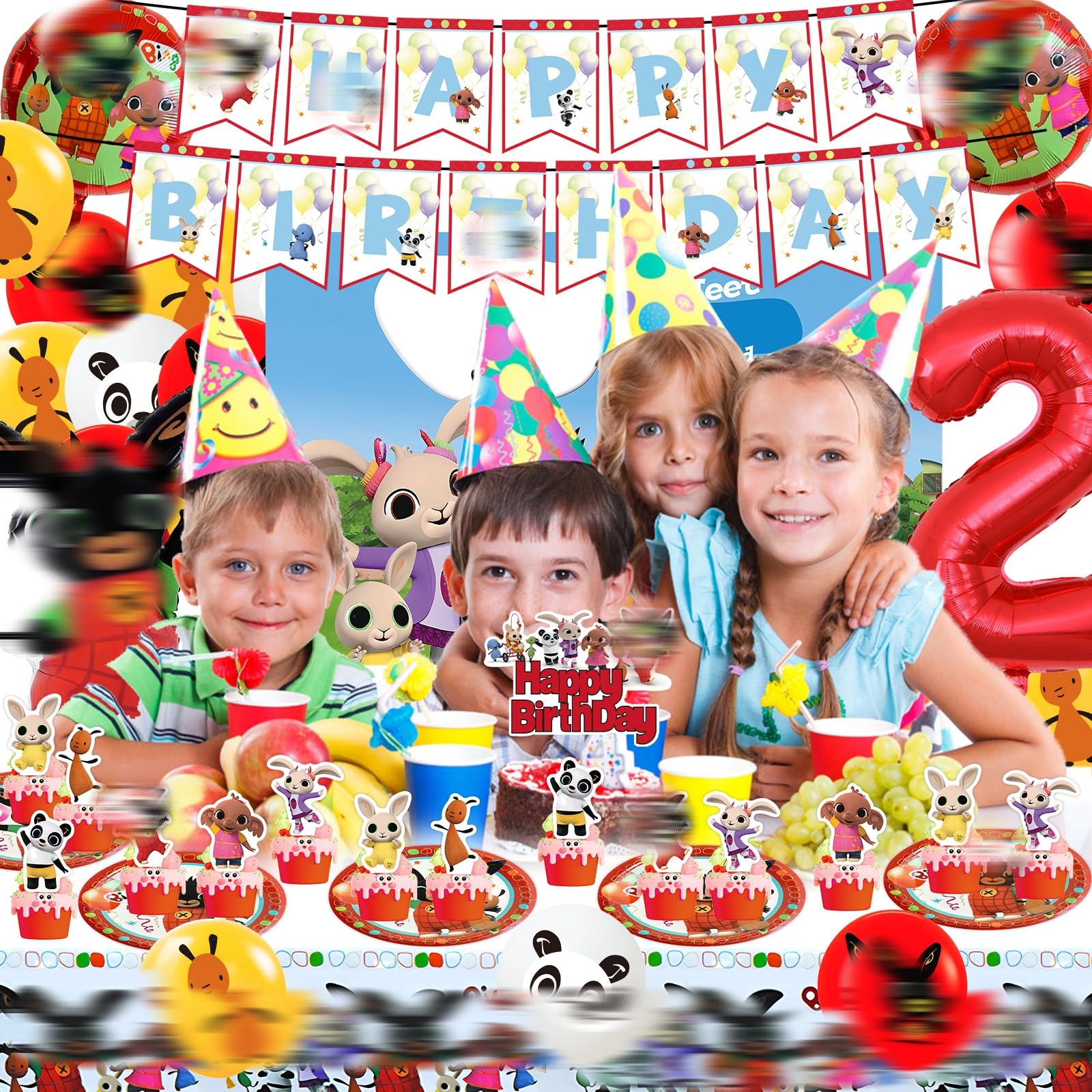 Decorazioni Compleanno, 82 Pezzi Stoviglie Compleanno 2 Anni Bunny Decorazione per Feste Kit Festa Includere Striscione Decorazioni Torta Palloncini Piatto Tovagliolo Tovaglia