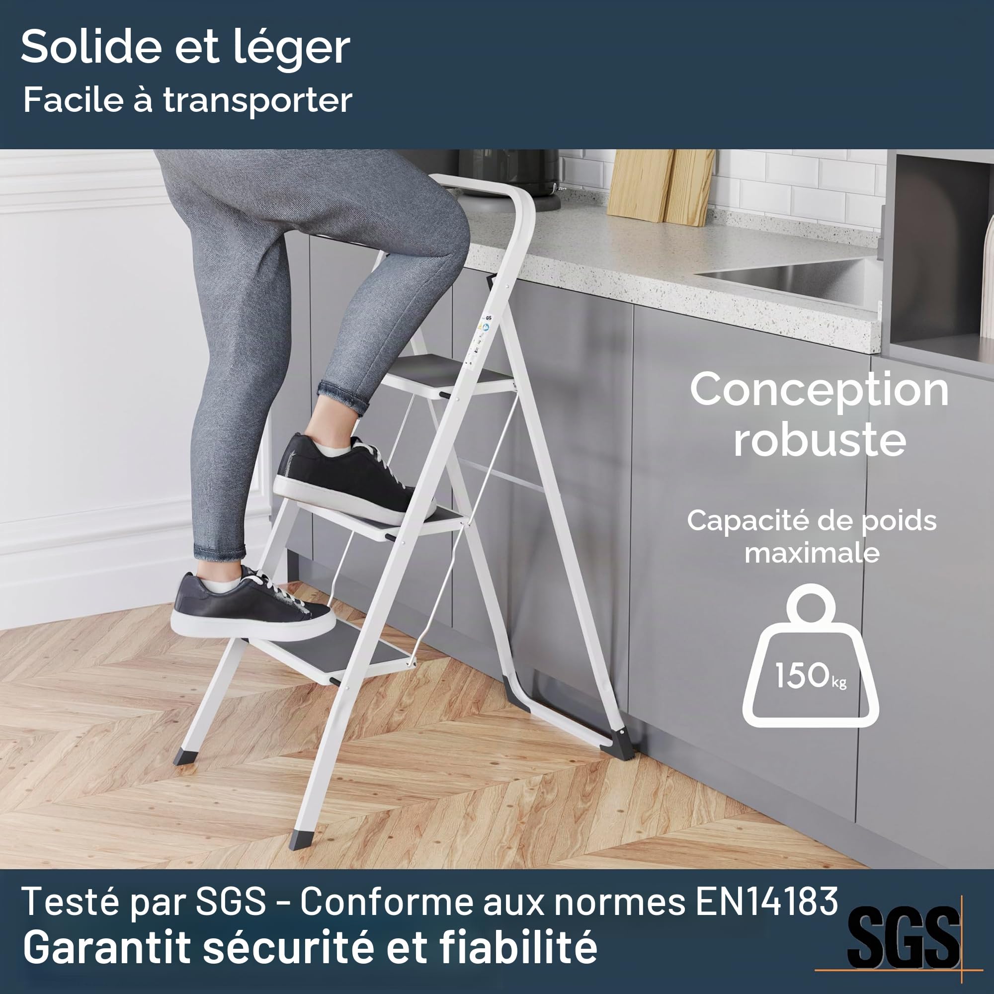 Escabeau Home Vida à 3 marches – pliable, portable, en acier ultra solide et multicolore