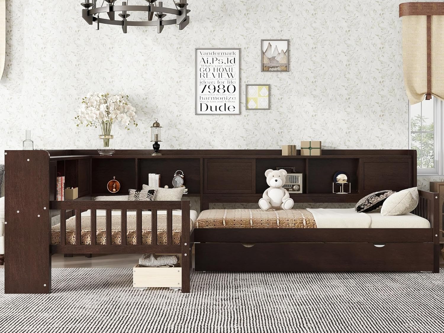 KEIKI Solid Wood Twin Size 3 Beds in 1 Corner Bed Frames with Trundle, Storage Shelves Headboard & Drawers, L-Shaped Captain Platform Daybed for Small Room, Bedroom, Guest Room, Kids' Room, Espresso