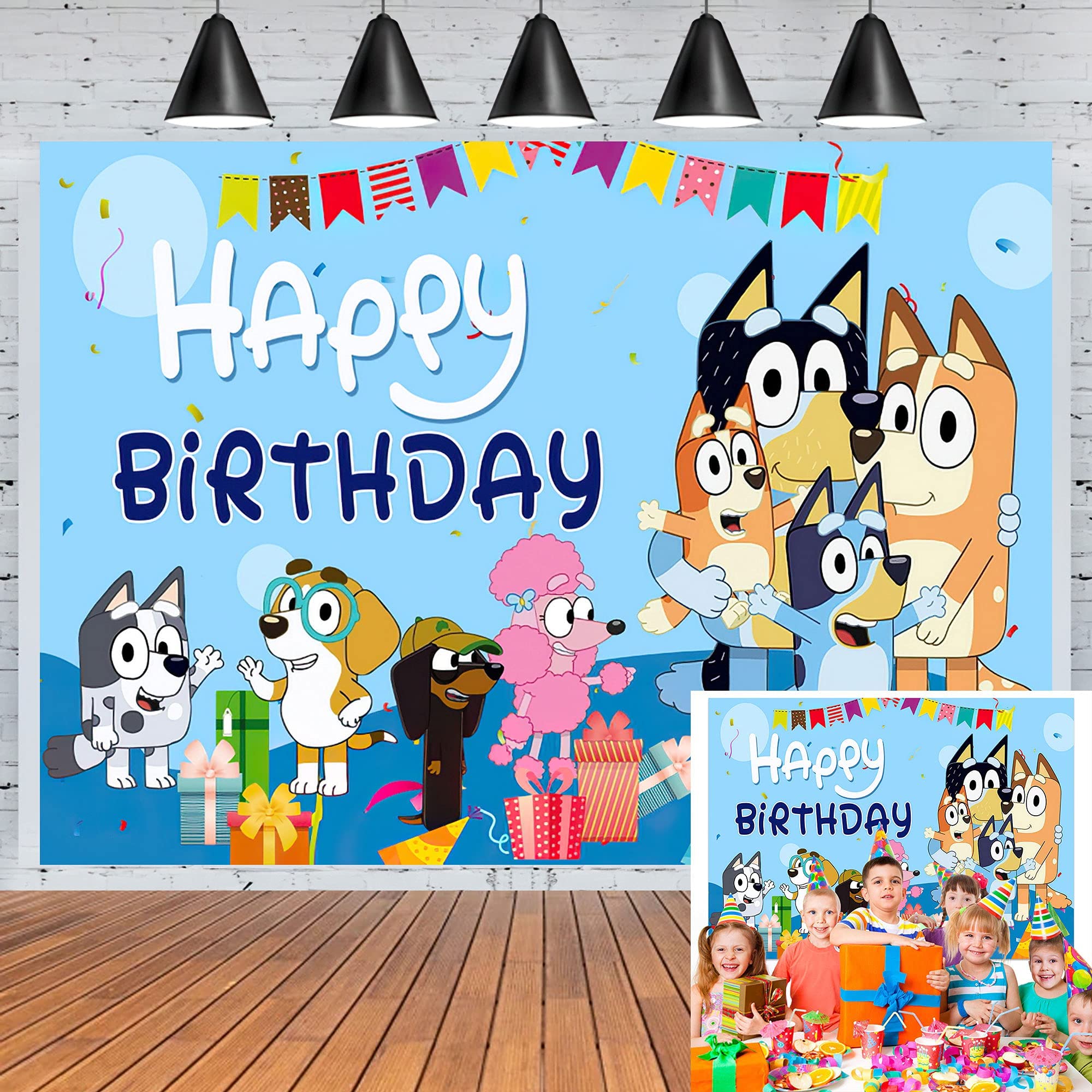 Cartoon Dog Backdrop, Blue Cartoon Photography Vinyl Photo Background for Kids Birthday Party Backdrops Decoration, Blue Theme Happy Birthday Photography Backdrop Cartoon Dogs Birthday Banner 7x5Ft