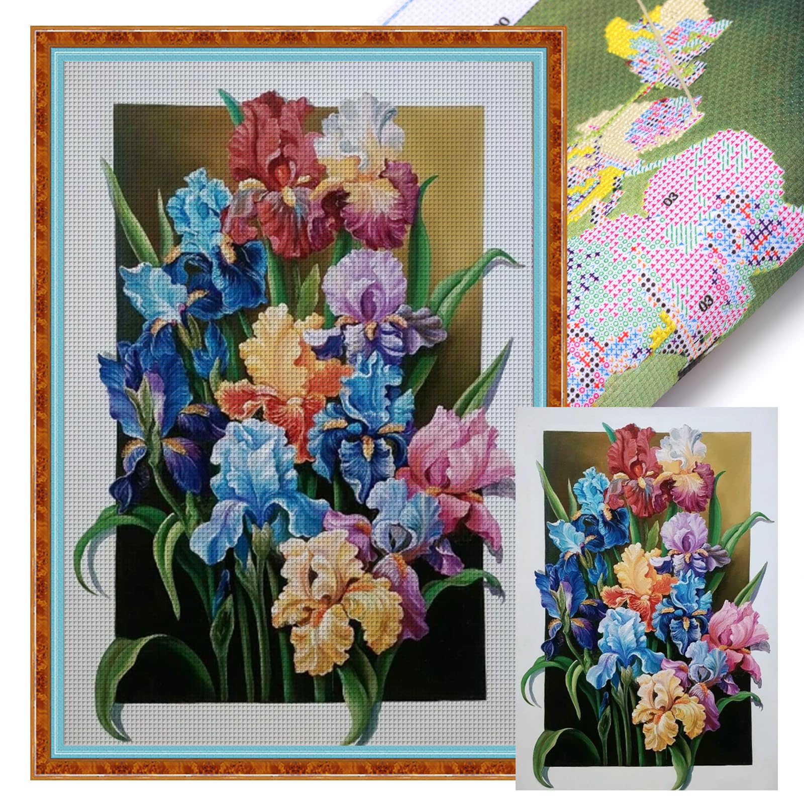 POETRYDRAW Iris Full 11CT 3 Strands DIY Stamped Needlework Embroidery Kit Large Size 15.75x23.62inch Embroidery Needlepoint Starter Kits for Beginners Adults Home Decor