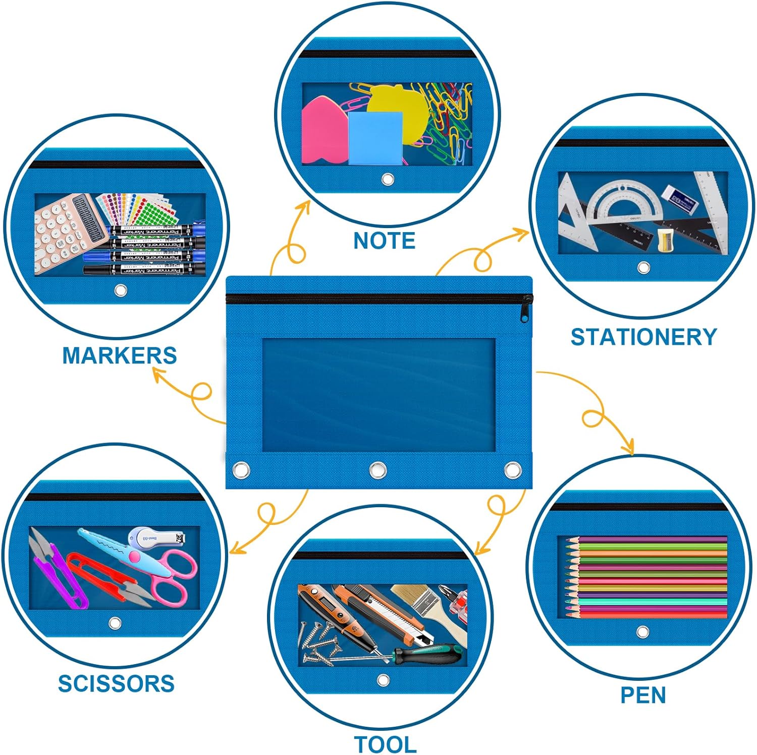 Pencil Pouch for 3 Ring Binder, Bulk 6 Pack 3 Hole Zipper Pencil Pouches with Clear Window, Pencils Bags in Assorted Colors, Sturdy and Durable Cloth Pencils Case for School Office College Supplies - Image 6