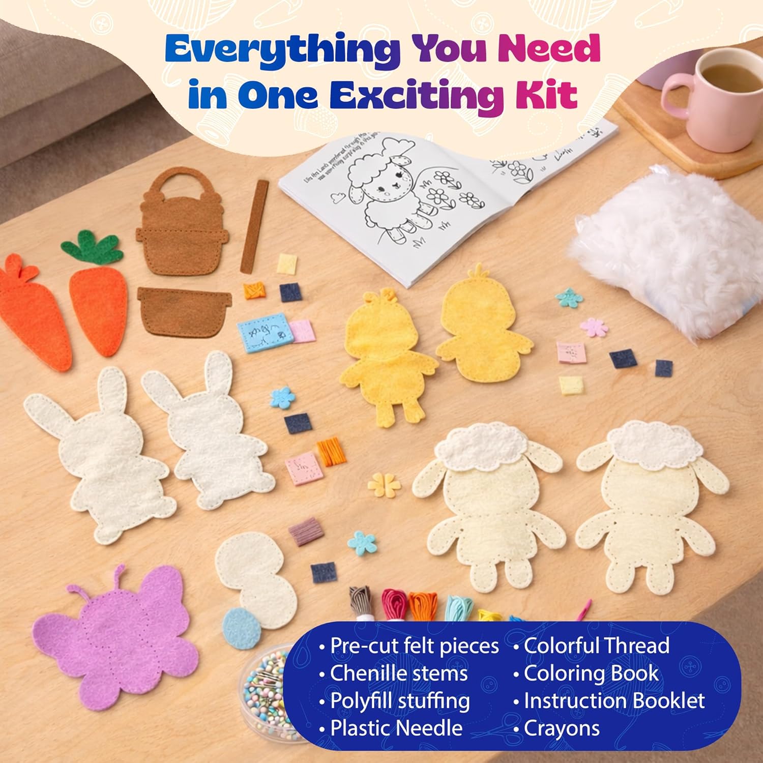 Pinwheel Crafts Bunny Sewing Kit for Kids – DIY Felt Sewing Craft Kit with Pre-Cut Fabric, Needle, Thread & Stuffing – Learn to Sew Beginner Kit, Easter Crafts & Kids Arts and Crafts Ages 6-12