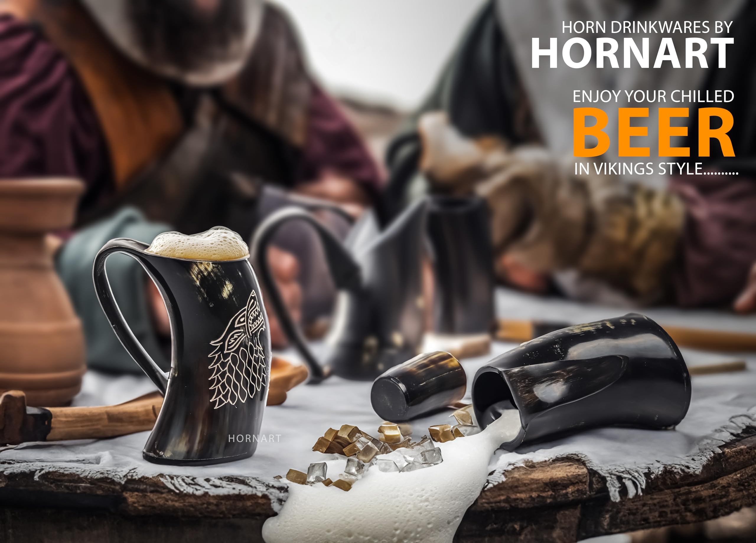 HORNART - Handcrafted Ox Horn Mugs For Men, 3 pcs Set With Shot Glass, Opener - Gift for Men Large Vikings Drinking Horn Mug (Wolf)