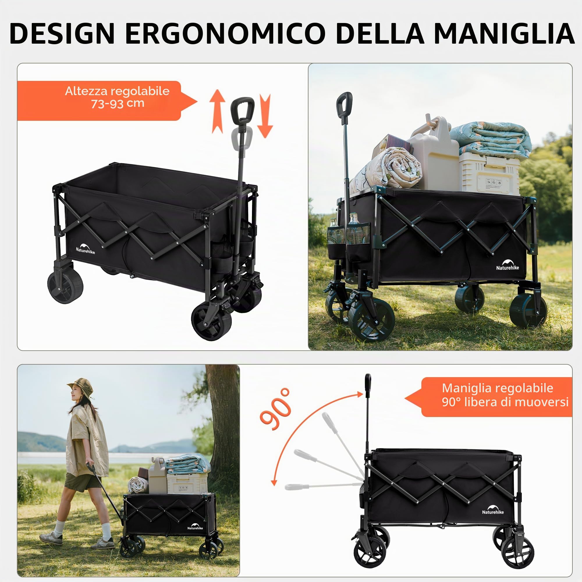 Naturehike Carrello da giardino pieghevole, carrello porta attrezzi da spiaggia adatto a tutti i terreni, con pneumatici larghi girevoli a 360 gradi, portata 120 kg, adatto per campeggio(Nero 100L)