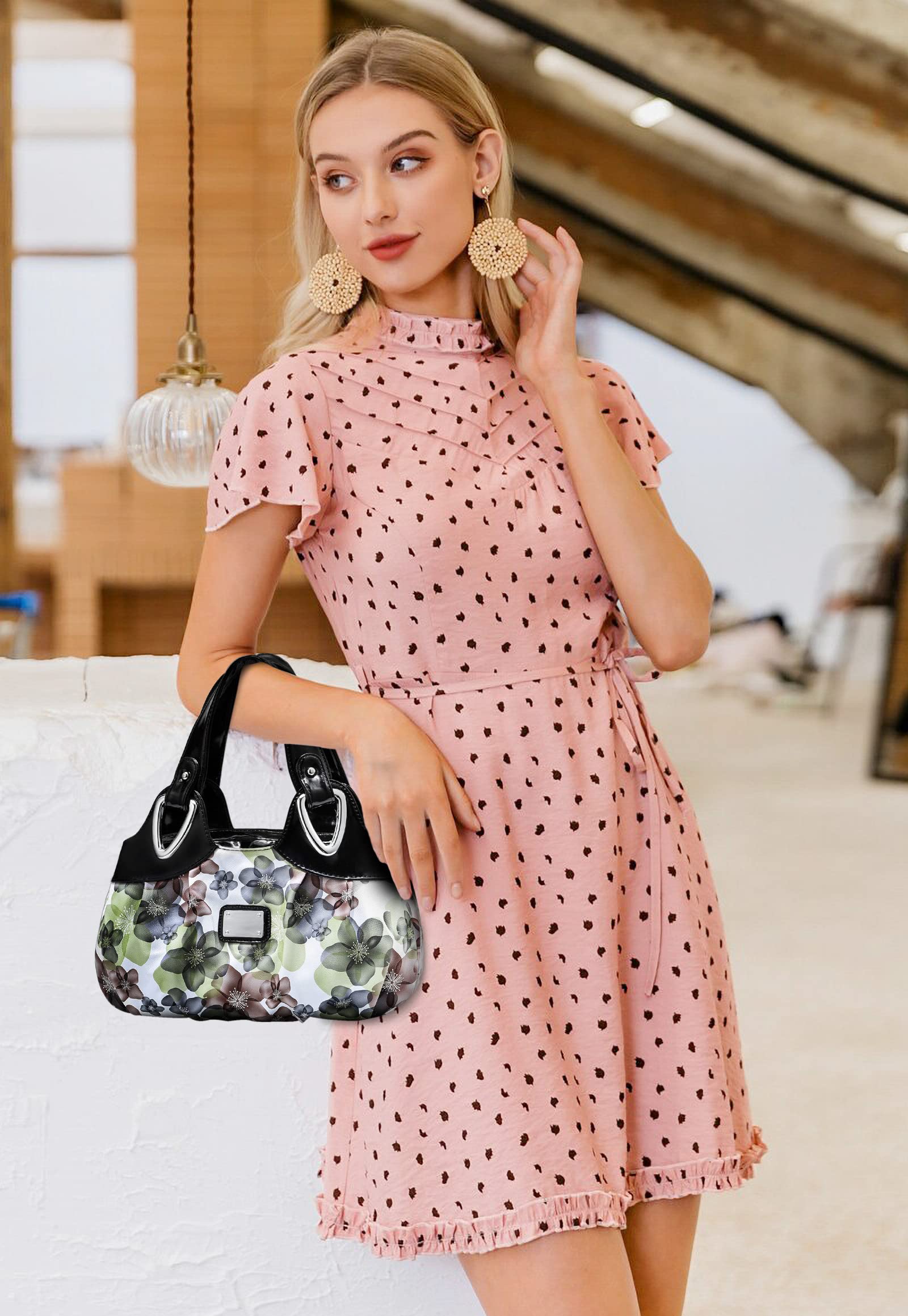 DIRRONA Moda Donna Borsa a Mano e Tracolla - Viaggio Tote Leggero in PU Pelle Morbida - Casuale Vacanza Borsa a Fiori Nero + Verde A