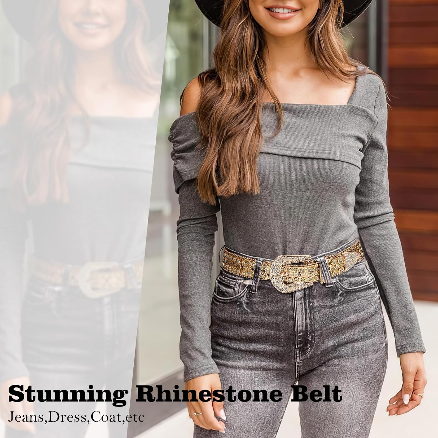 WHIPPY Women Rhinestones Leather Belts Bling Studded Western Cowgirl Waist Belt for Jeans Pants with Removable Buckle - Image 4
