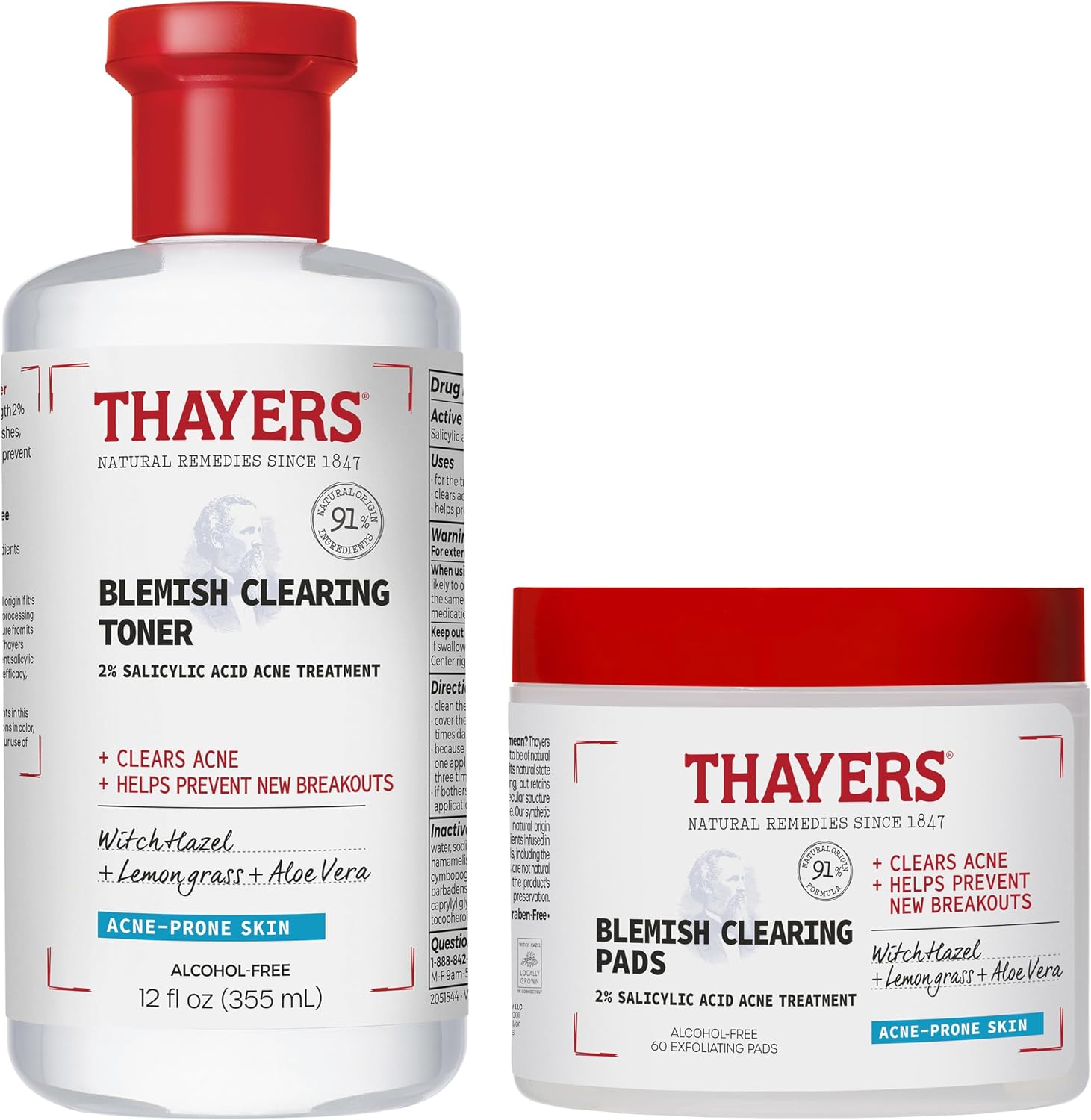 Thayers Blemish Clearing Salicylic Acid Toner, Face Toner with 2% Salicylic Acid, Soothing & Non-Stripping Skin Care, 12 Fl Oz + Pads 60 Ct