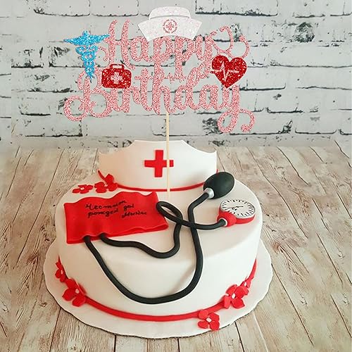 Miniatura 4 de Gyufise Decoración para pastel de enfermería con purpurina para enfermera, feliz cumpleaños, selección de pastel médico, decoración de pasteles para