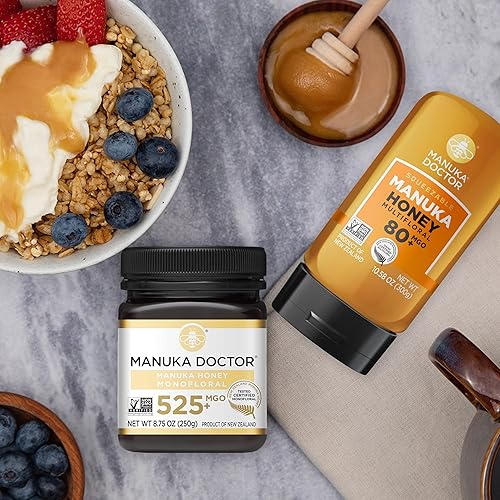 MANUKA DOCTOR - MGO 80+ Multifloral SQUEEZY y MGO 525+ Monofloral Manuka Honey Value Bundle, 100% miel de Nueva Zelanda pura. Certificado.