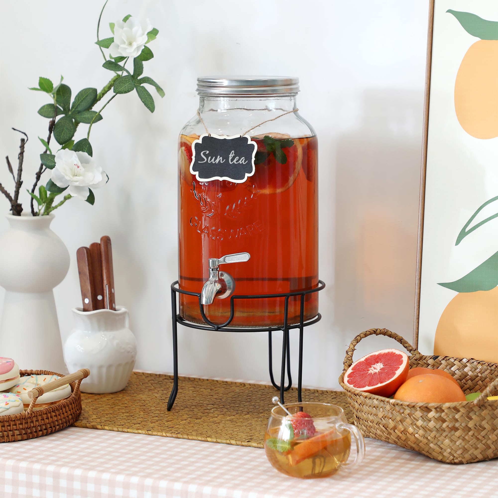 Dispensador de bebidas de vidrio de 1.5 galones con soporte, espiga impermeable de acero inoxidable y tapa, dispensadores de bebidas de vidrio para fiestas, dispensador de bebidas de agua